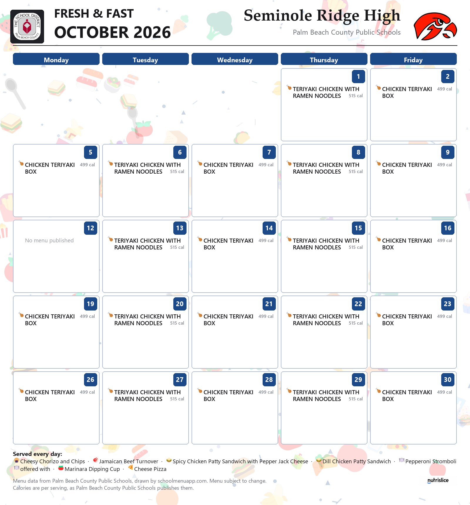 Seminole Ridge High fresh & fast menu for October 2026, Palm Beach County Public Schools