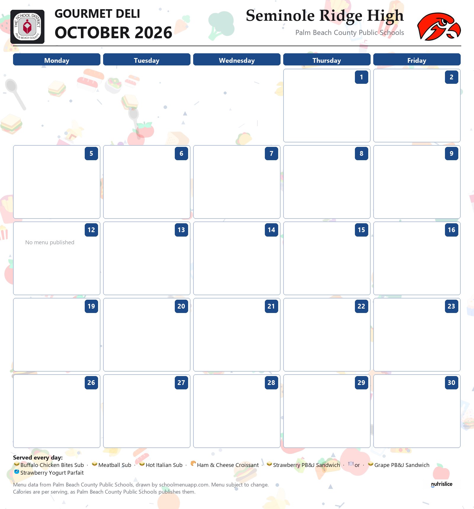 Seminole Ridge High gourmet deli menu for October 2026, Palm Beach County Public Schools