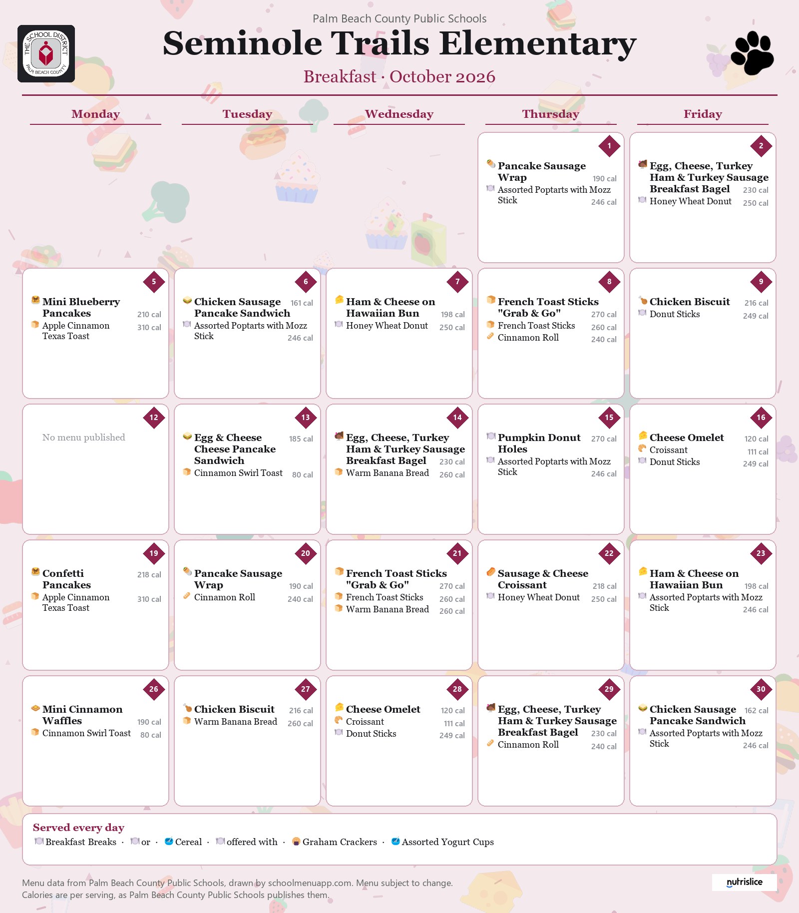 Seminole Trails Elementary breakfast menu for October 2026, Palm Beach County Public Schools