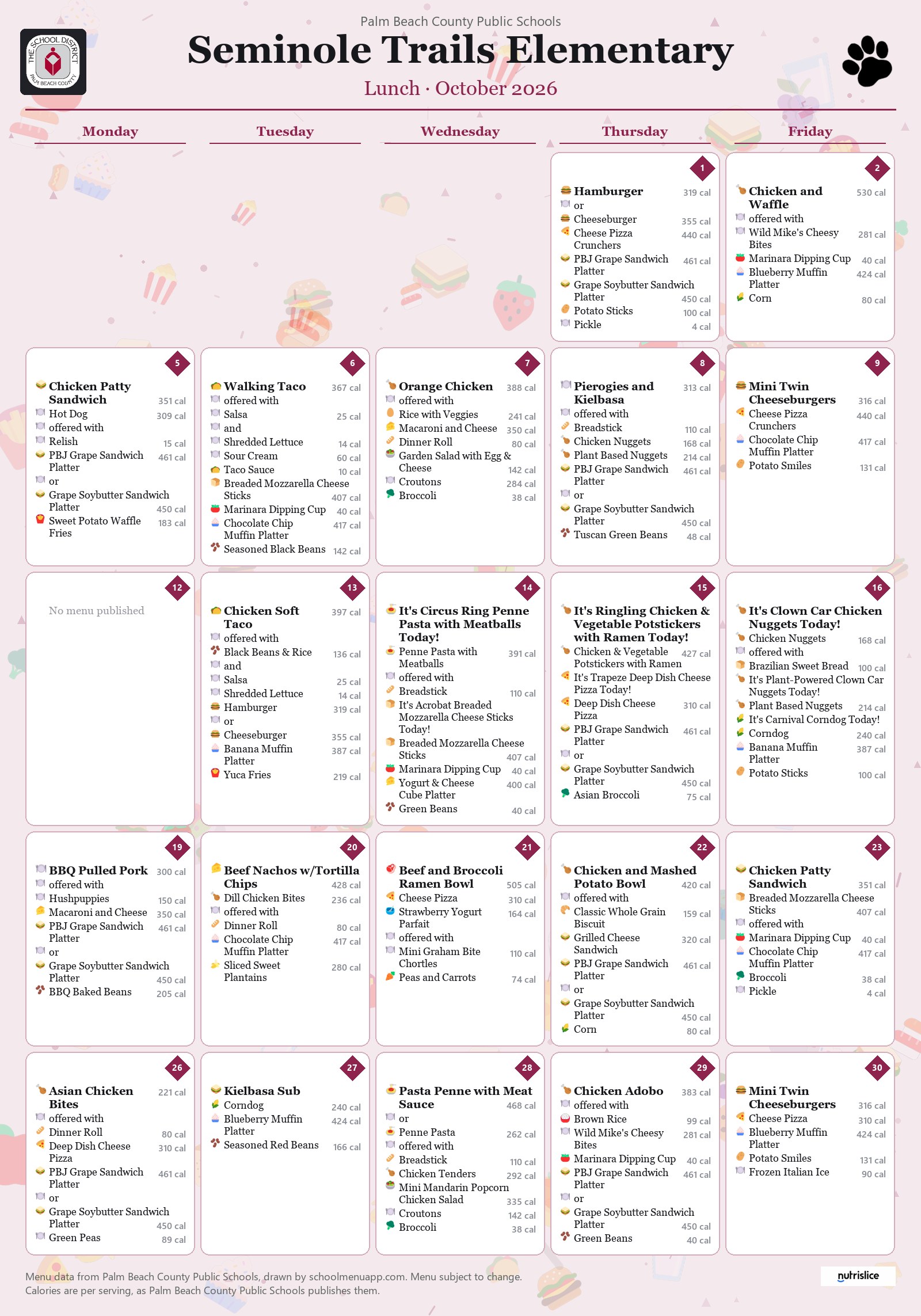 Seminole Trails Elementary lunch menu for October 2026, Palm Beach County Public Schools