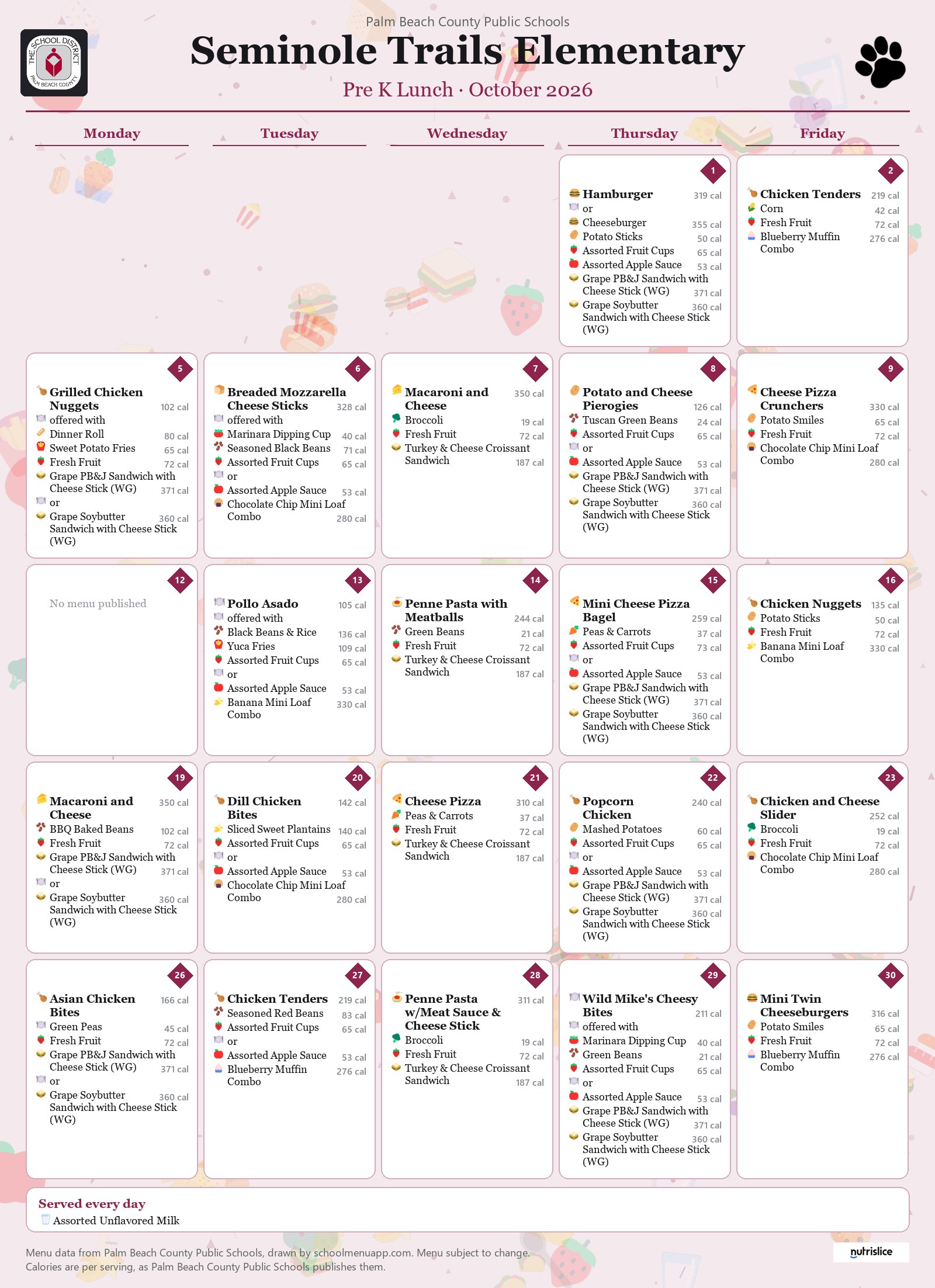 Seminole Trails Elementary pre k lunch menu for October 2026, Palm Beach County Public Schools