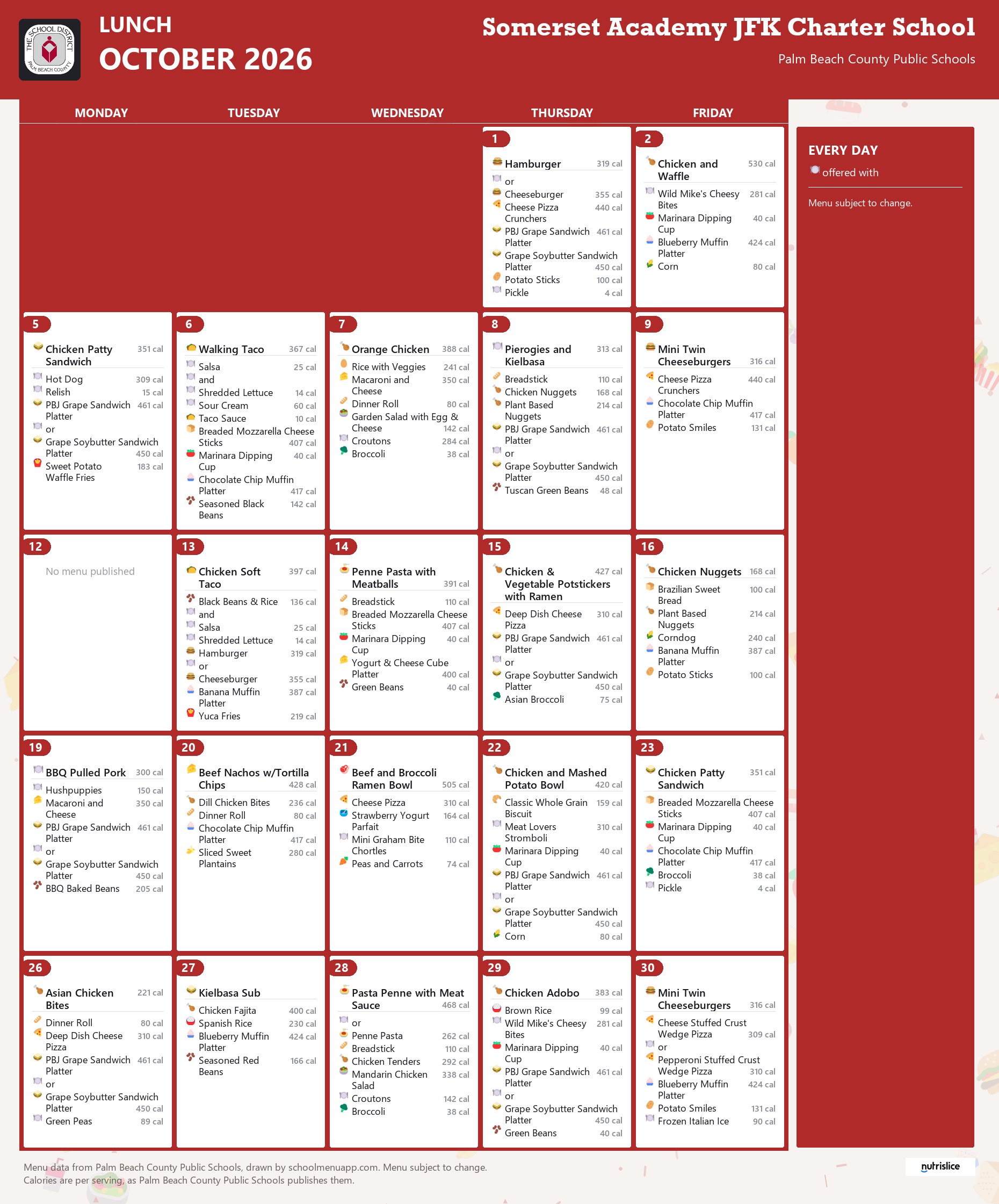 Somerset Academy JFK Charter School lunch menu for October 2026, Palm Beach County Public Schools