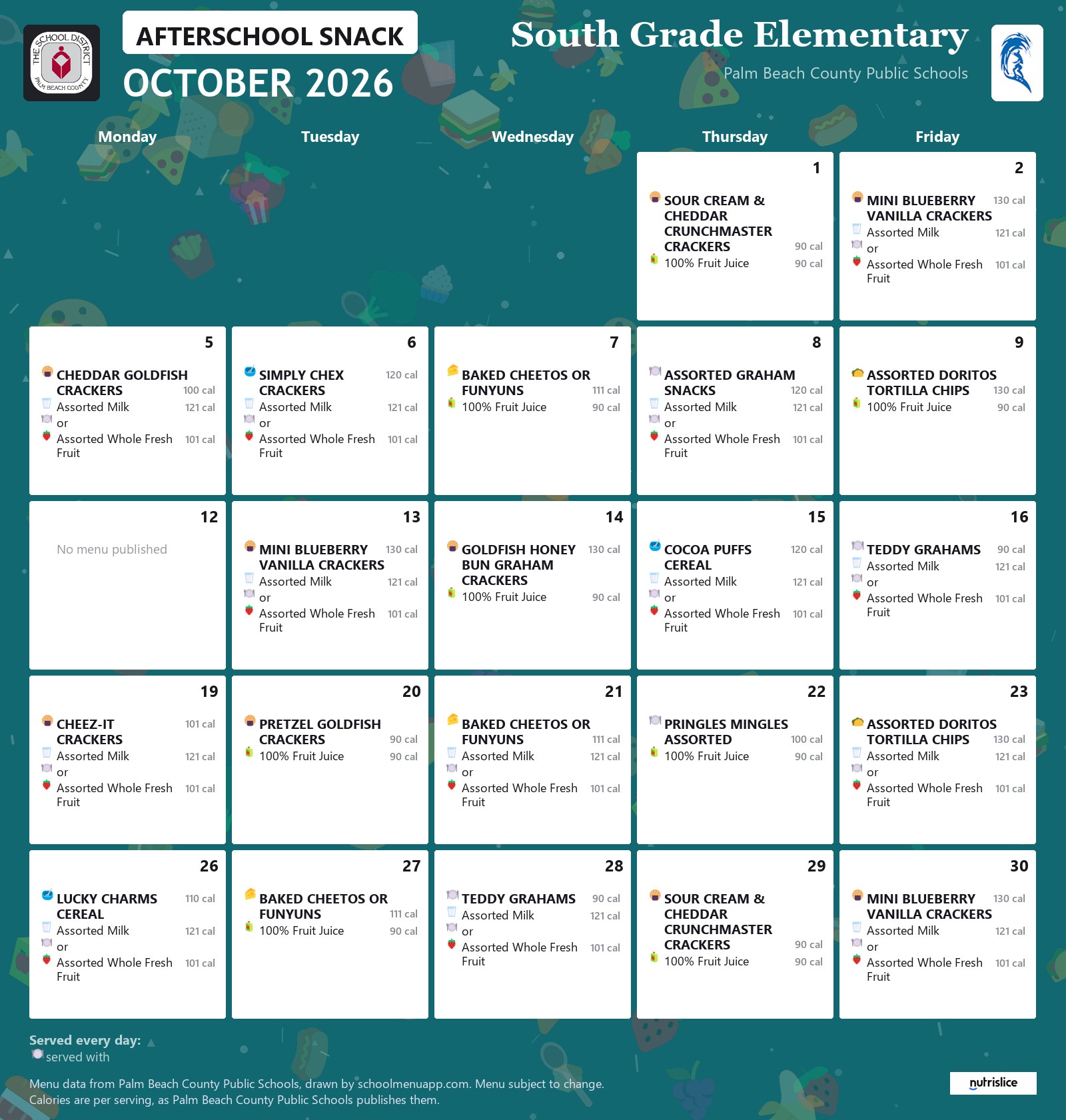 South Grade Elementary afterschool snack menu for October 2026, Palm Beach County Public Schools