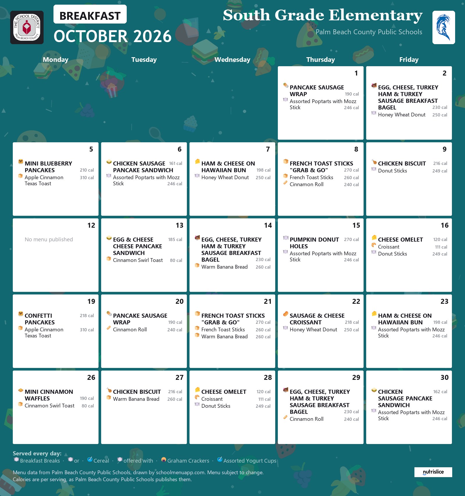 South Grade Elementary breakfast menu for October 2026, Palm Beach County Public Schools