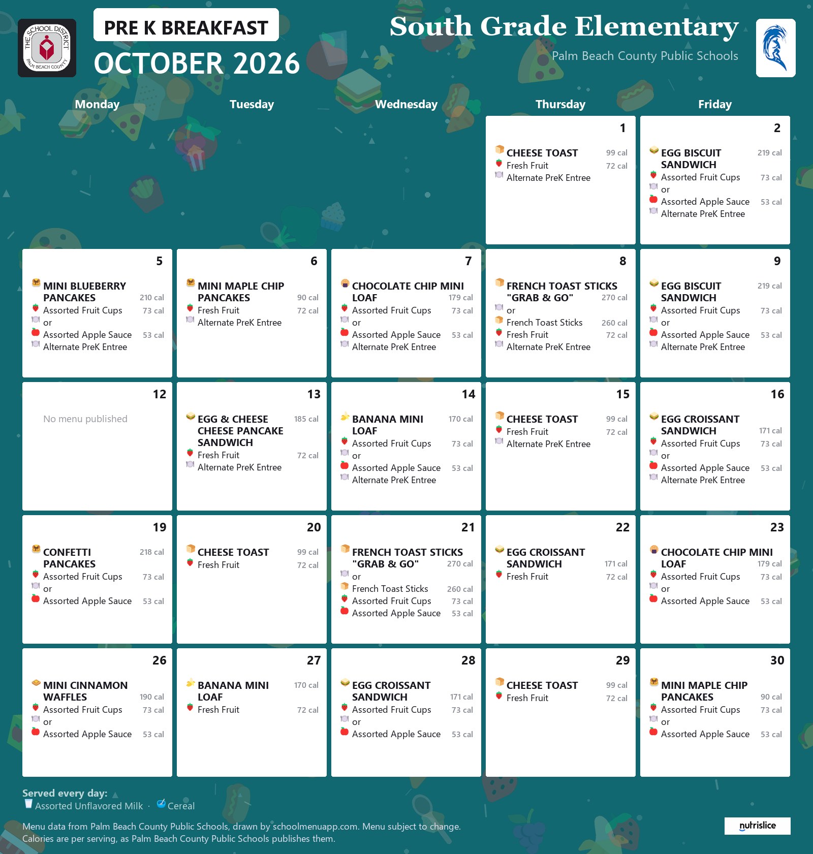South Grade Elementary pre k breakfast menu for October 2026, Palm Beach County Public Schools