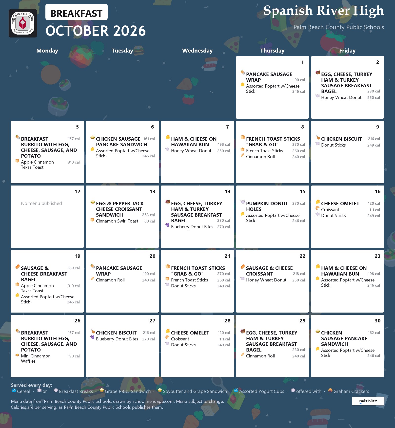Spanish River High breakfast menu for October 2026, Palm Beach County Public Schools