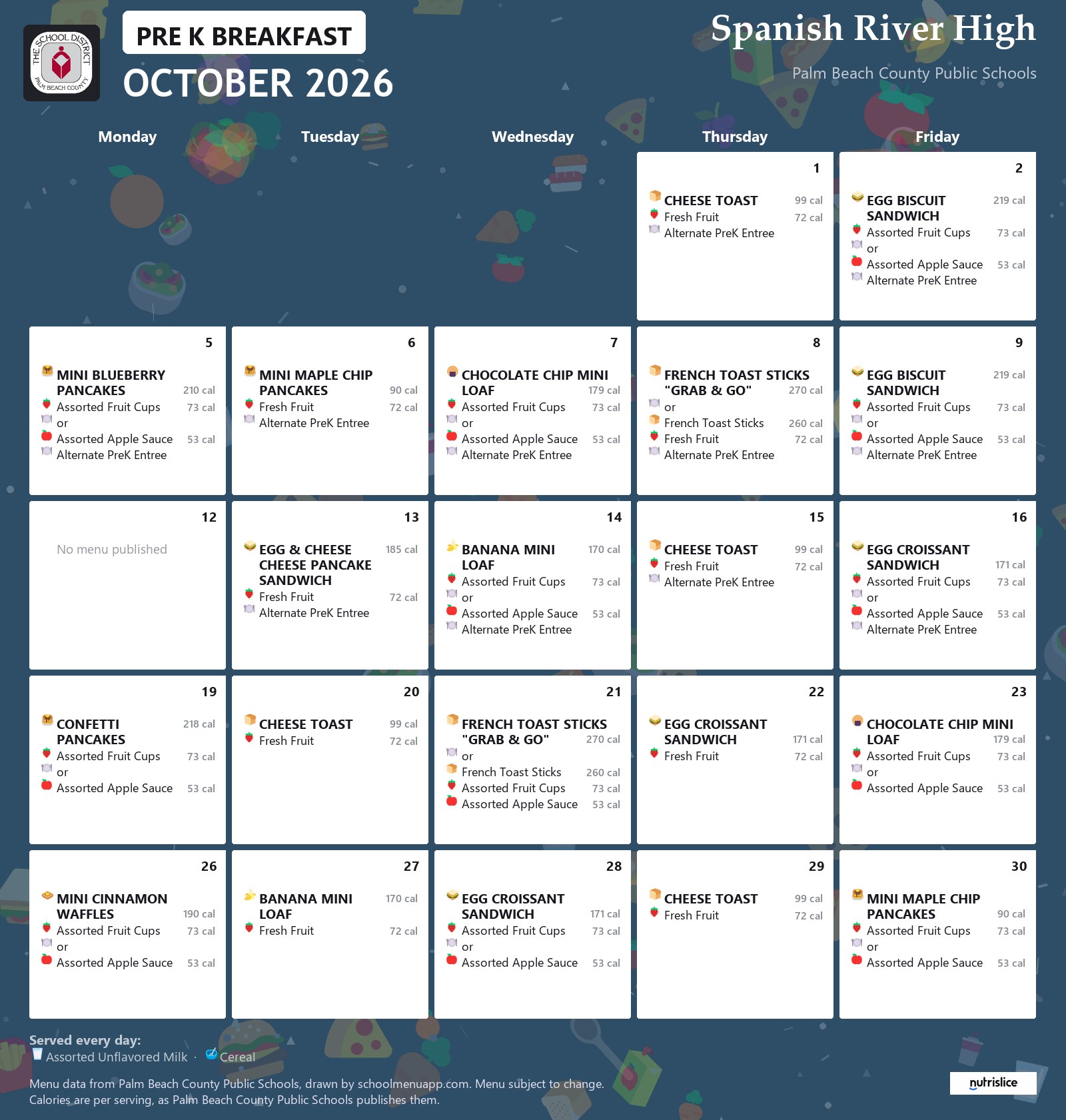 Spanish River High pre k breakfast menu for October 2026, Palm Beach County Public Schools