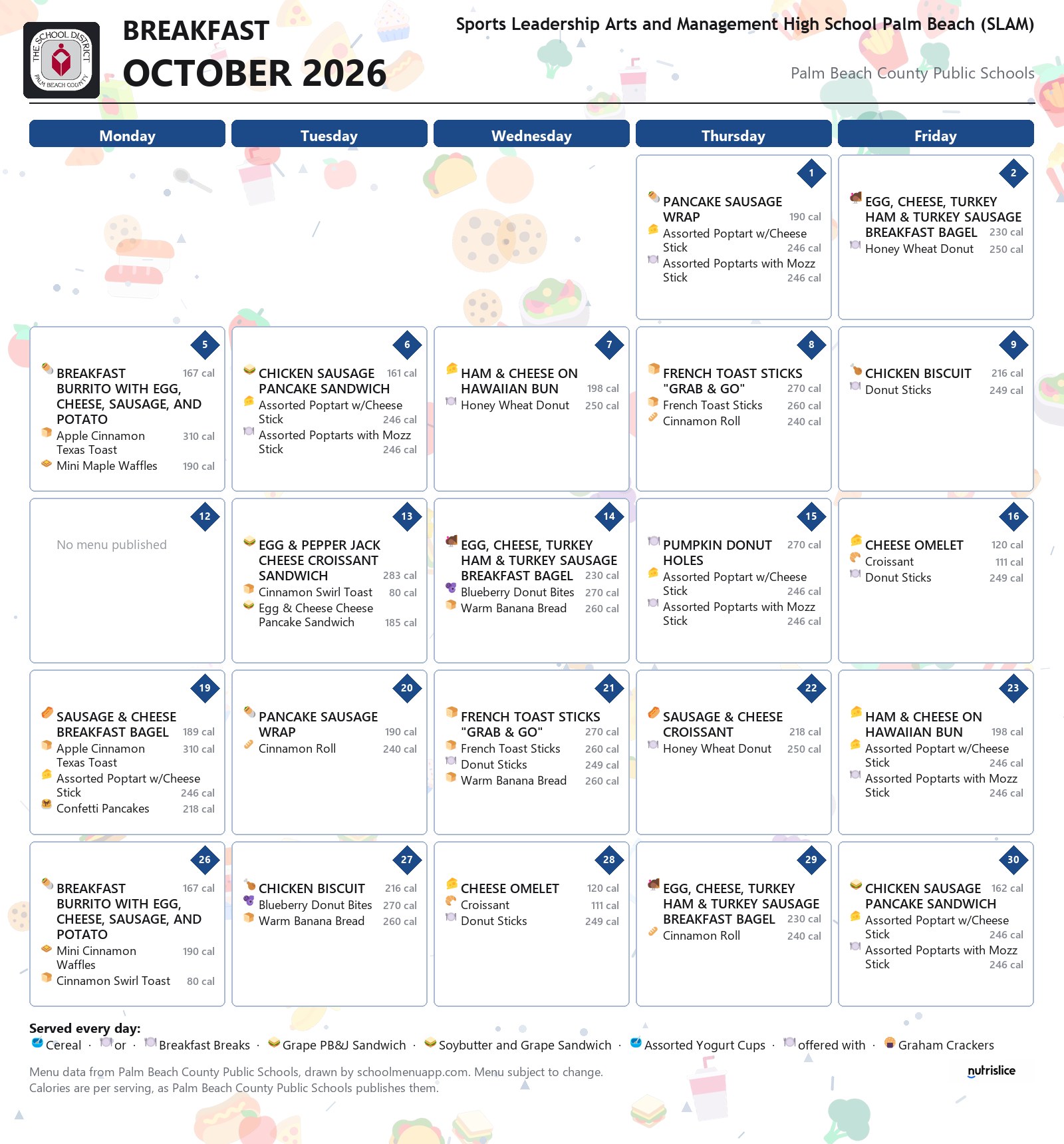 Sports Leadership Arts and Management High School Palm Beach (SLAM) breakfast menu for October 2026, Palm Beach County Public Schools