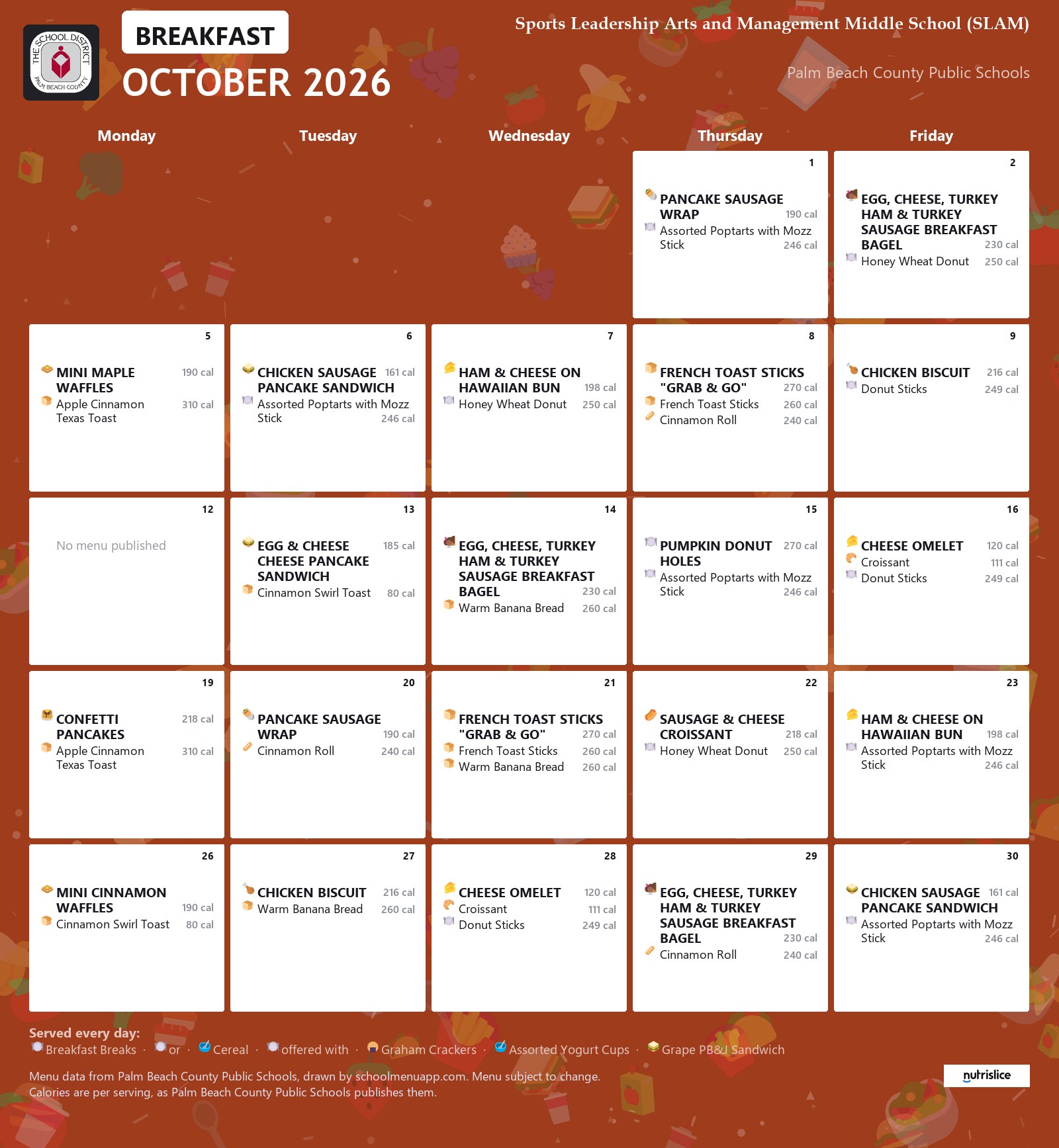 Sports Leadership Arts and Management Middle School (SLAM) breakfast menu for October 2026, Palm Beach County Public Schools
