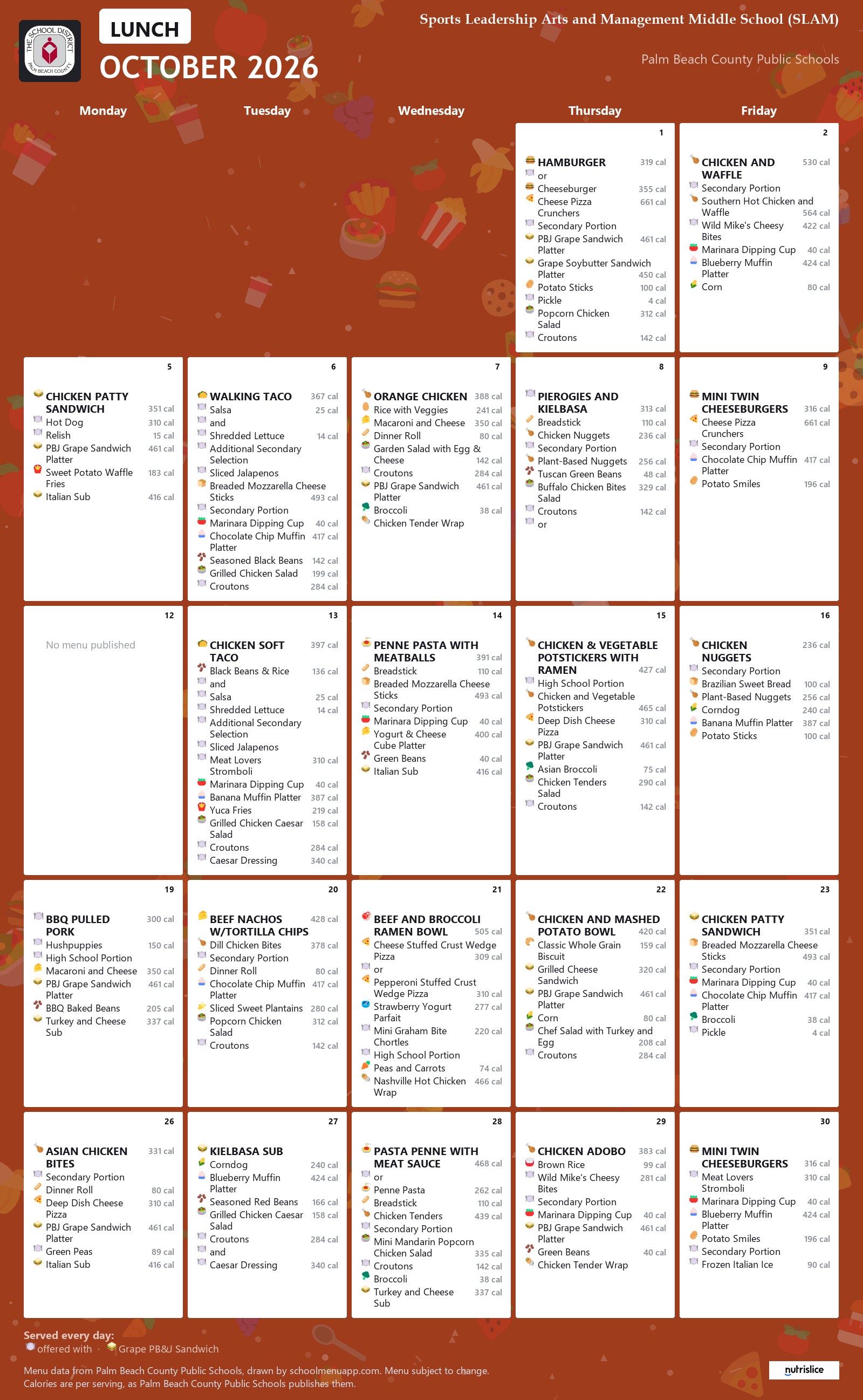 Sports Leadership Arts and Management Middle School (SLAM) lunch menu for October 2026, Palm Beach County Public Schools