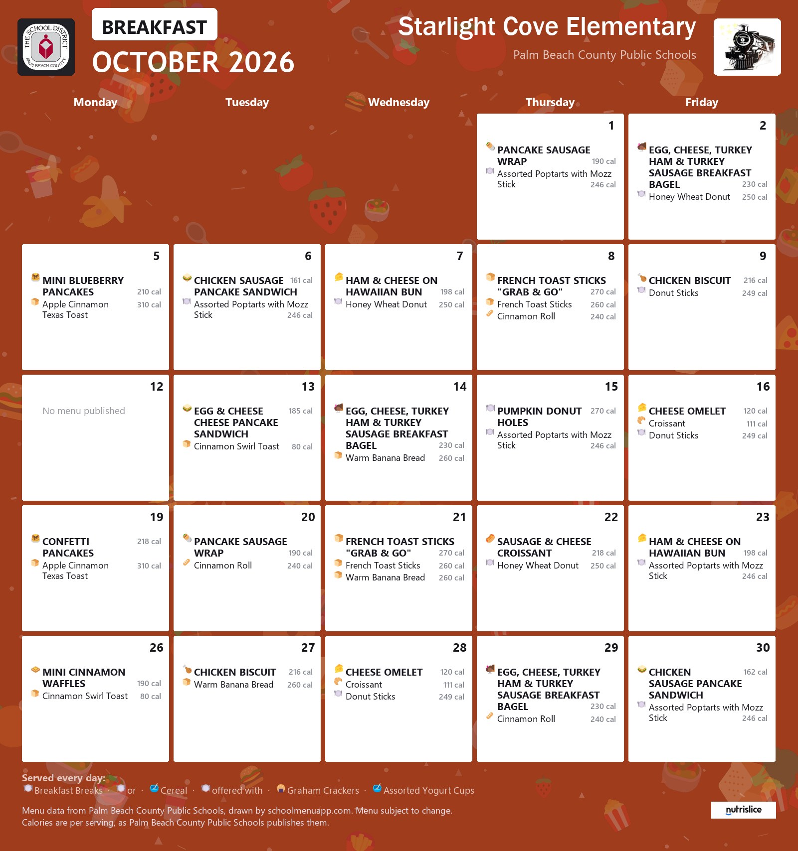Starlight Cove Elementary breakfast menu for October 2026, Palm Beach County Public Schools