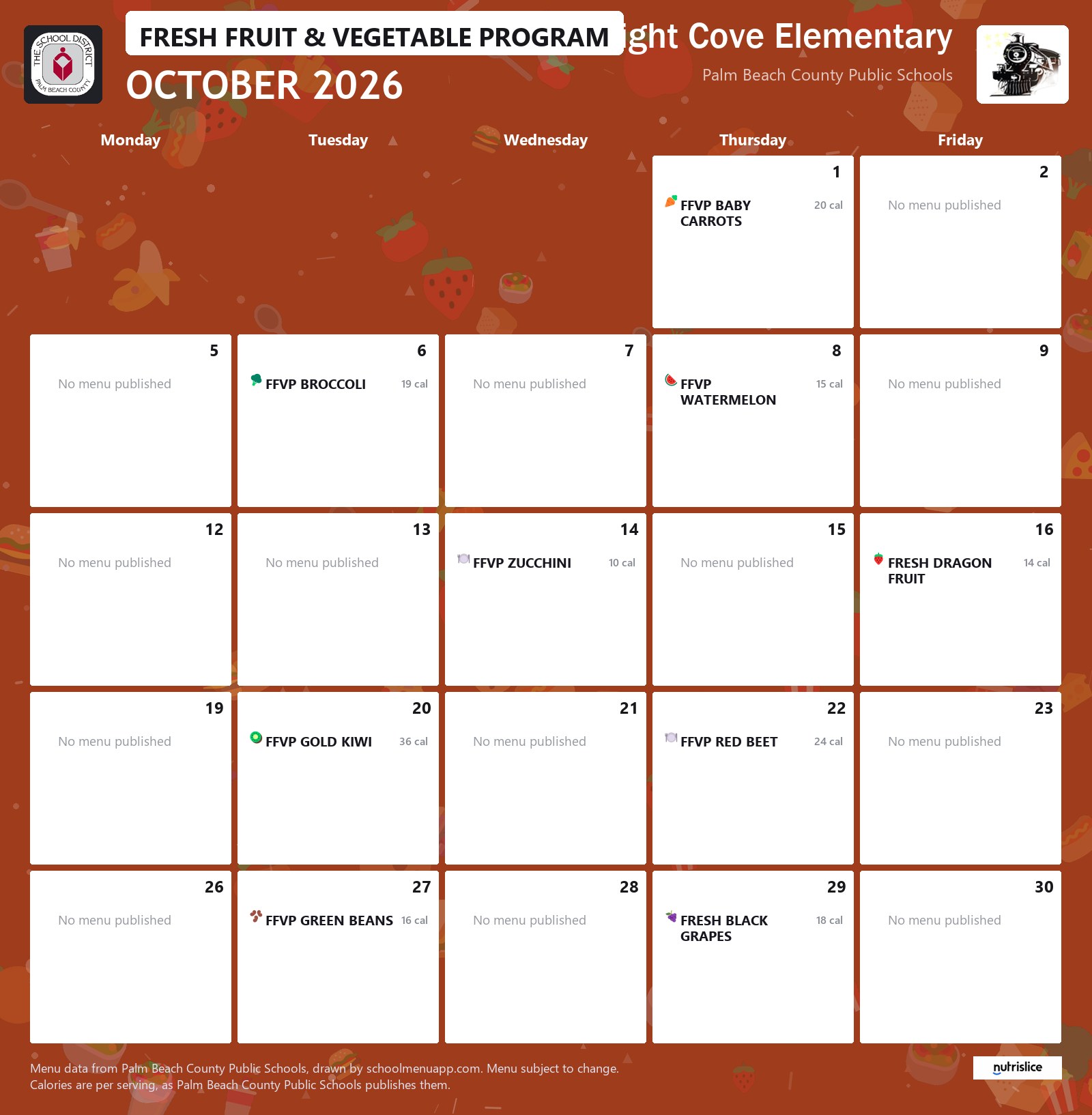 Starlight Cove Elementary fresh fruit & vegetable program menu for October 2026, Palm Beach County Public Schools