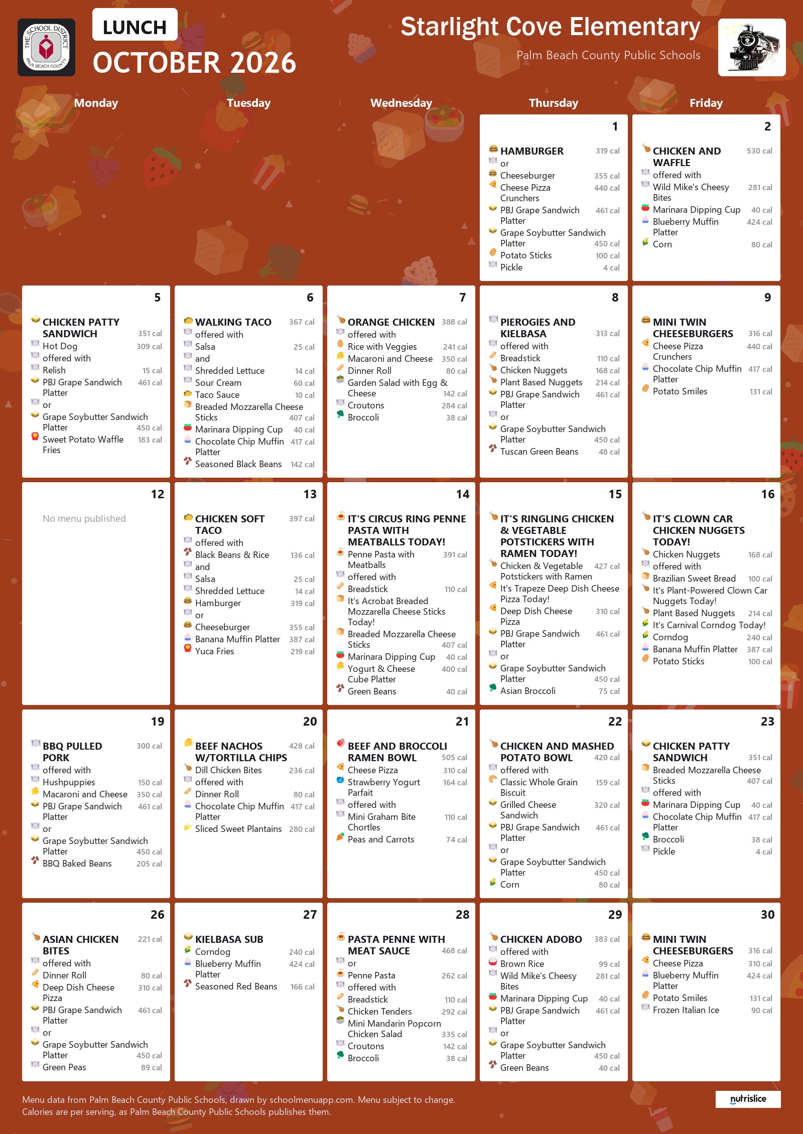 Starlight Cove Elementary lunch menu for October 2026, Palm Beach County Public Schools