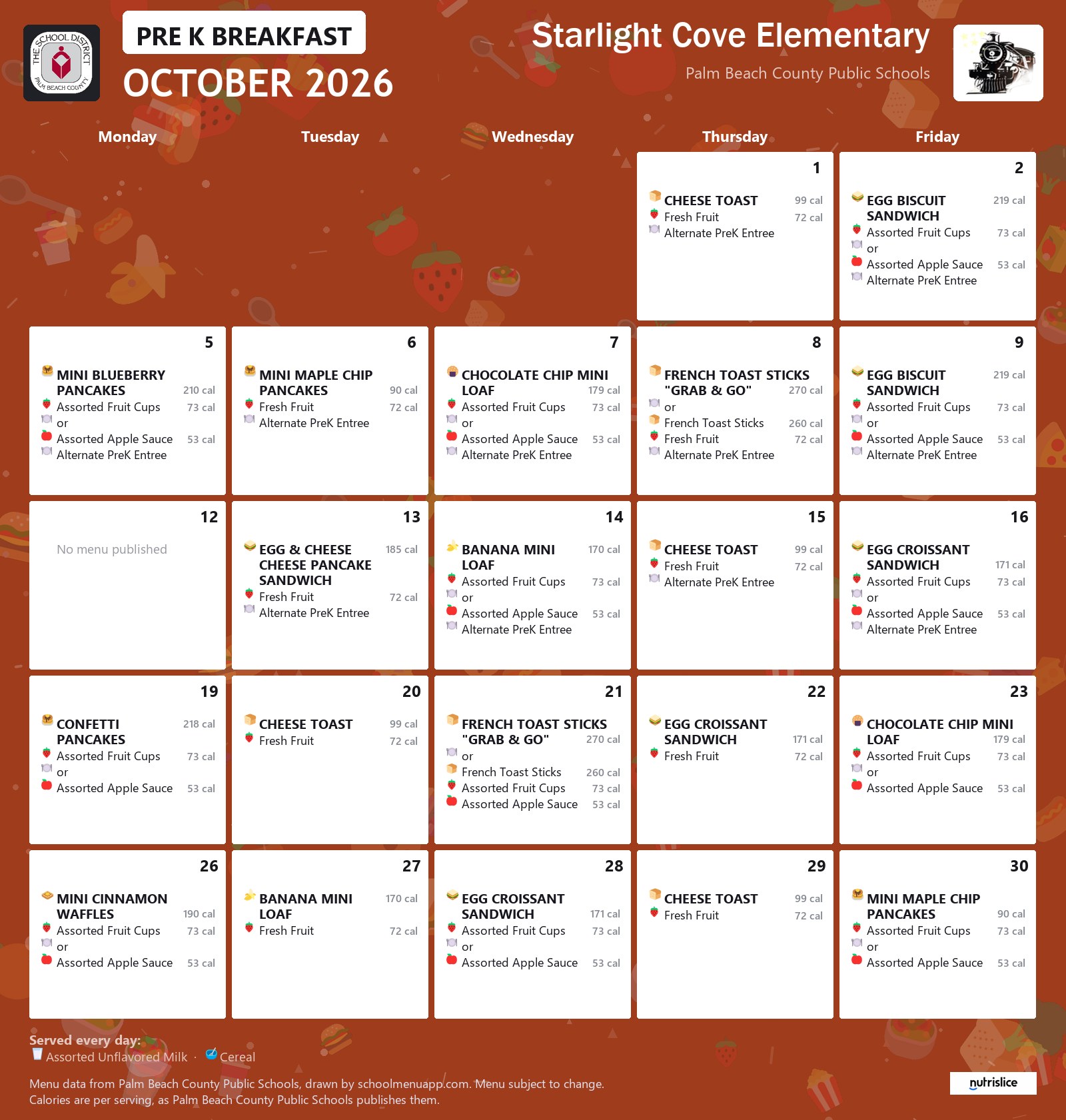 Starlight Cove Elementary pre k breakfast menu for October 2026, Palm Beach County Public Schools