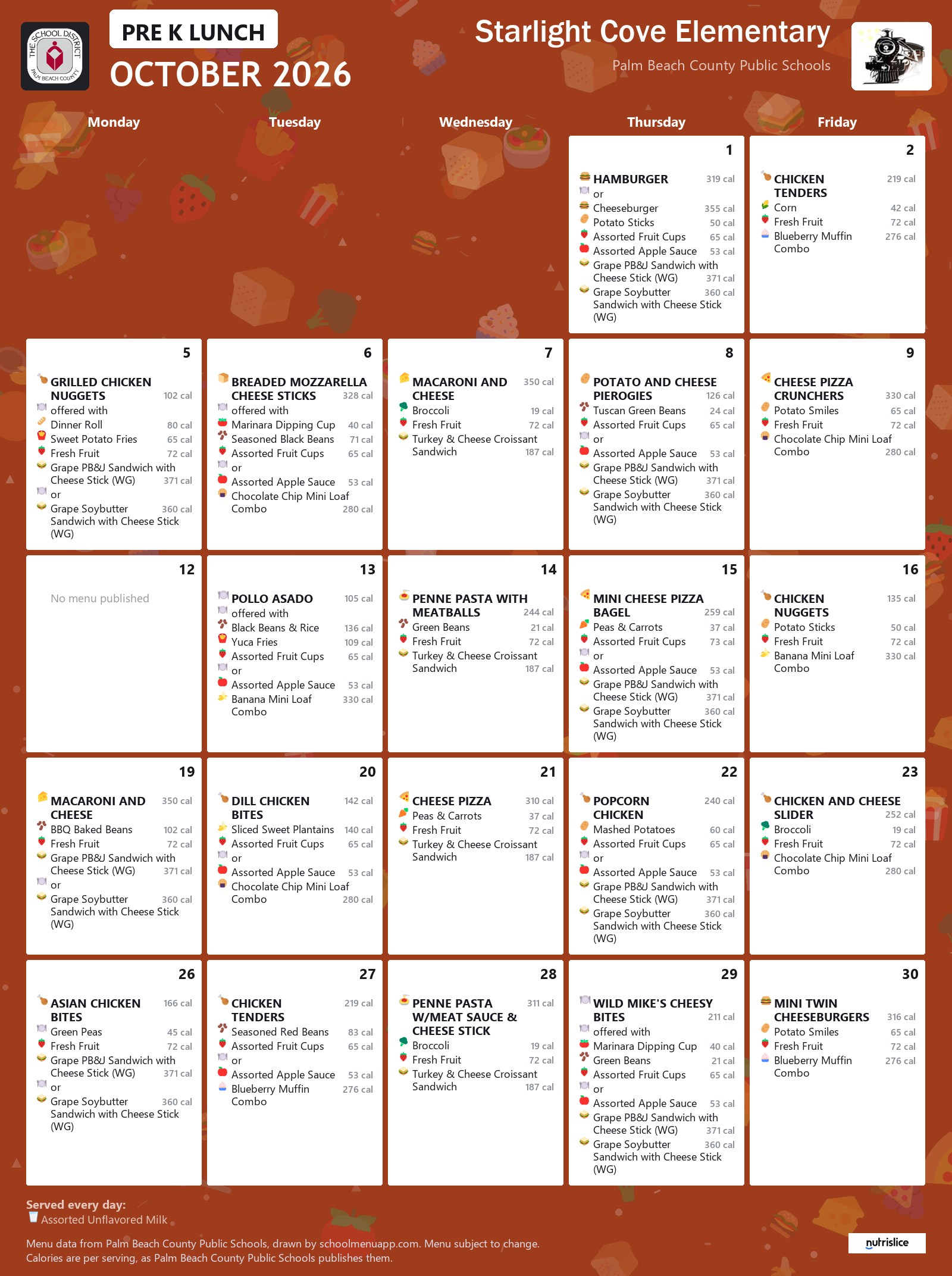 Starlight Cove Elementary pre k lunch menu for October 2026, Palm Beach County Public Schools