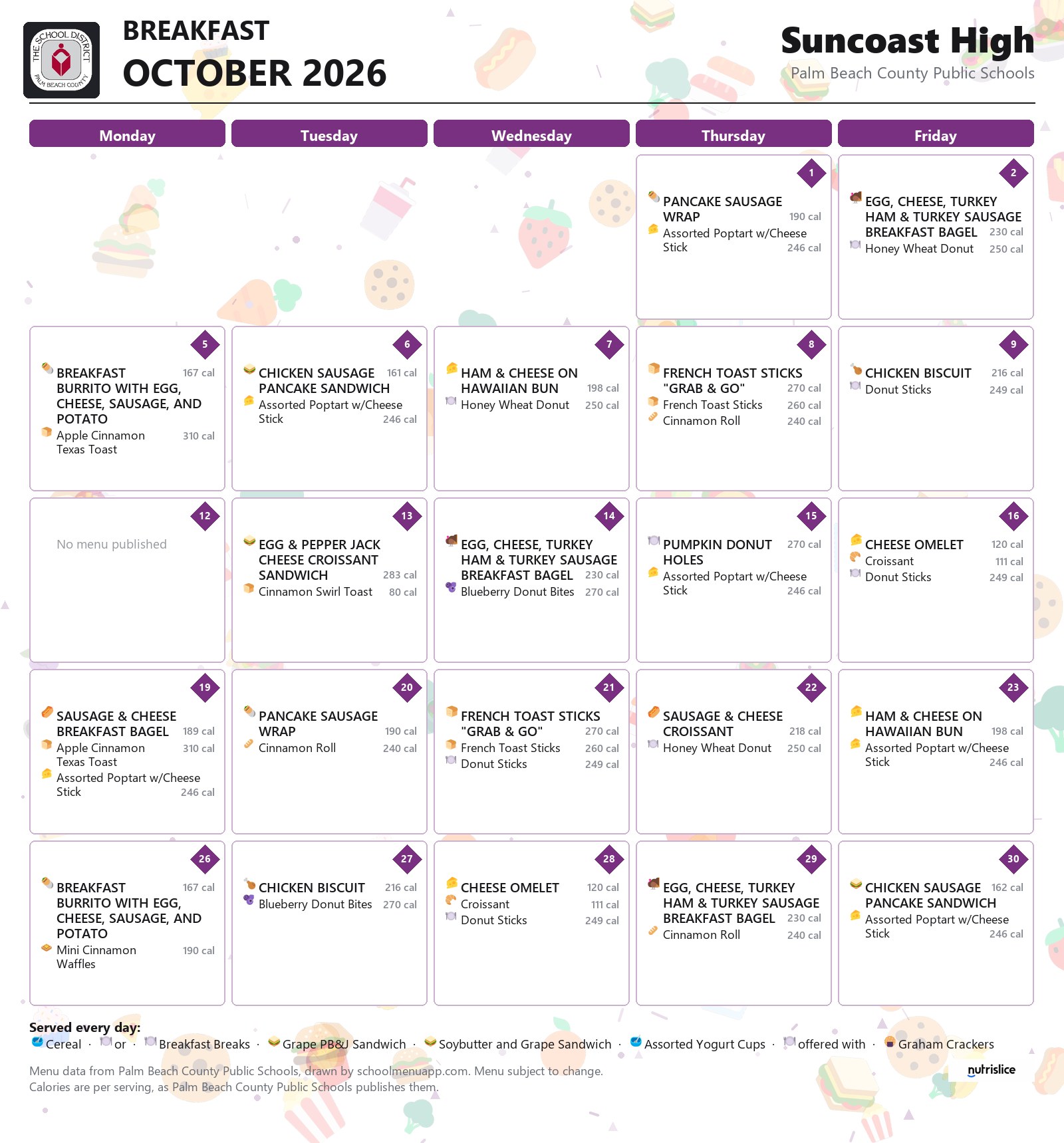 Suncoast High breakfast menu for October 2026, Palm Beach County Public Schools