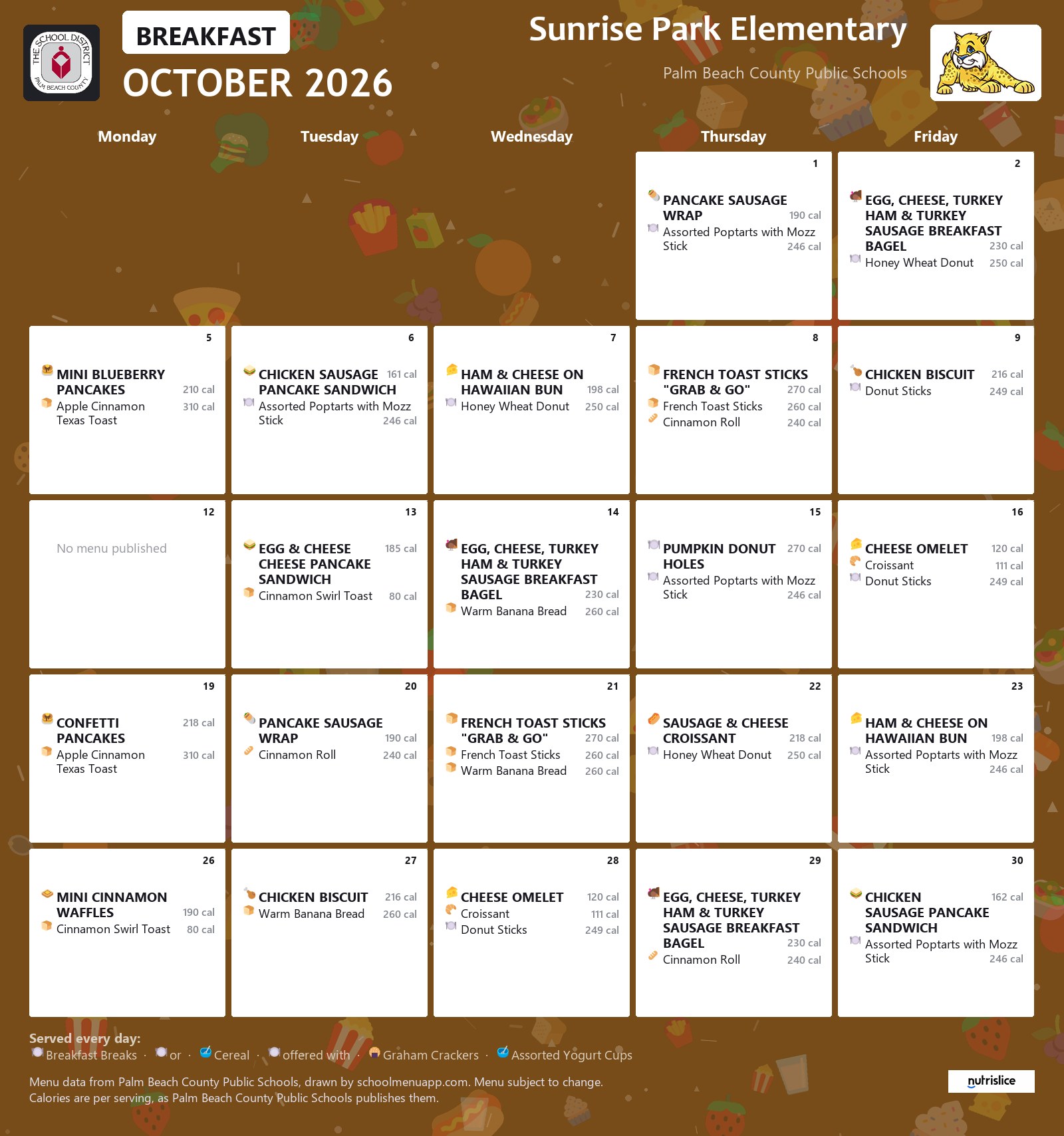 Sunrise Park Elementary breakfast menu for October 2026, Palm Beach County Public Schools