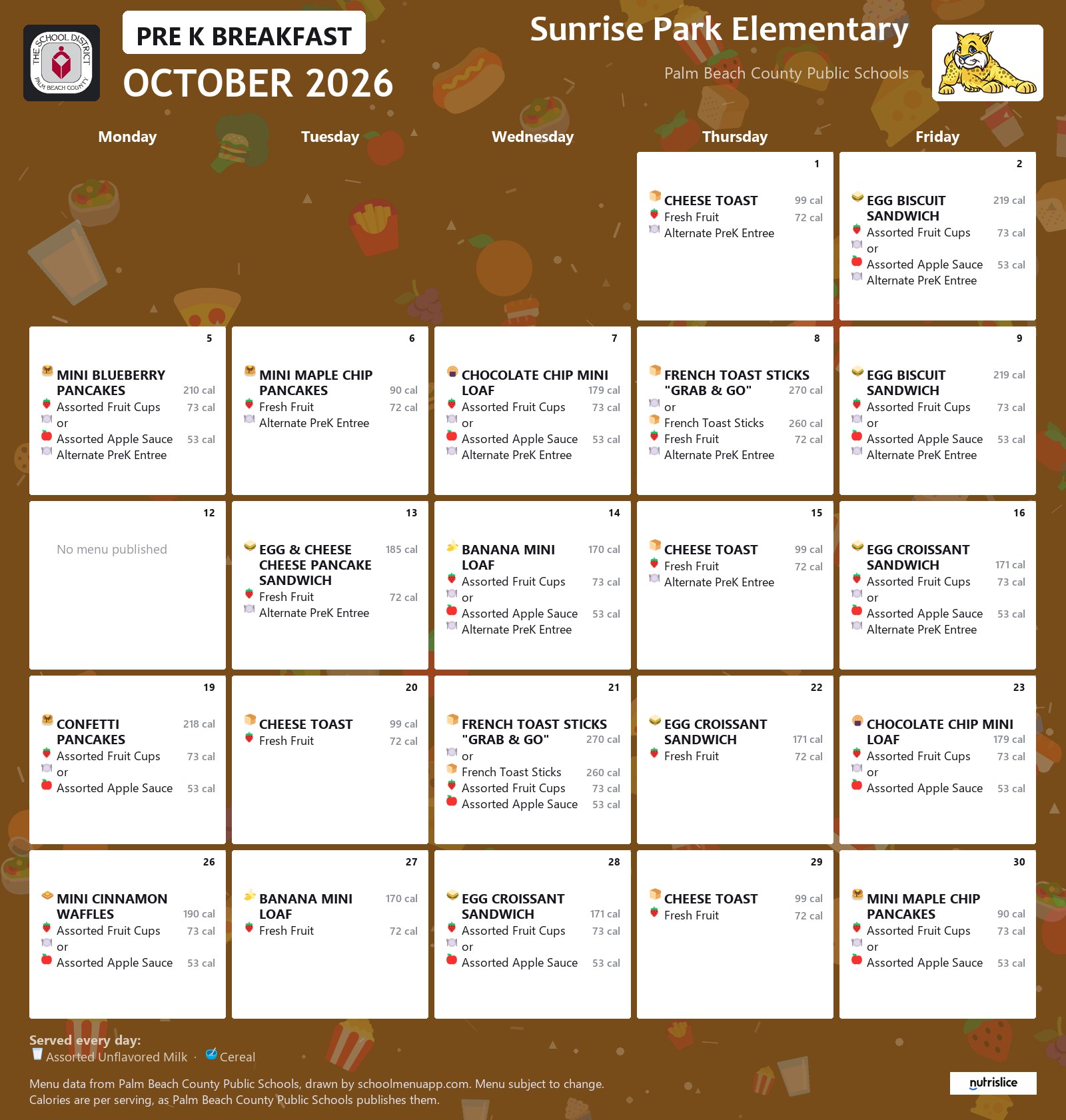 Sunrise Park Elementary pre k breakfast menu for October 2026, Palm Beach County Public Schools