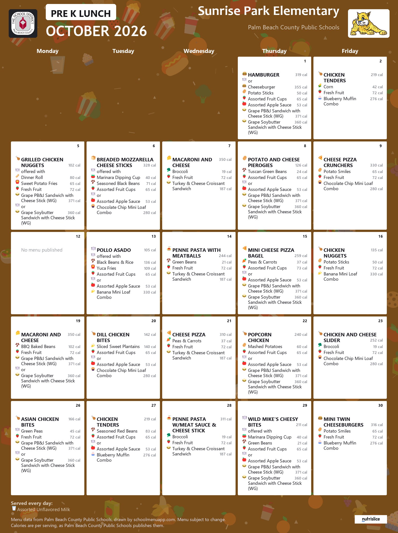 Sunrise Park Elementary pre k lunch menu for October 2026, Palm Beach County Public Schools