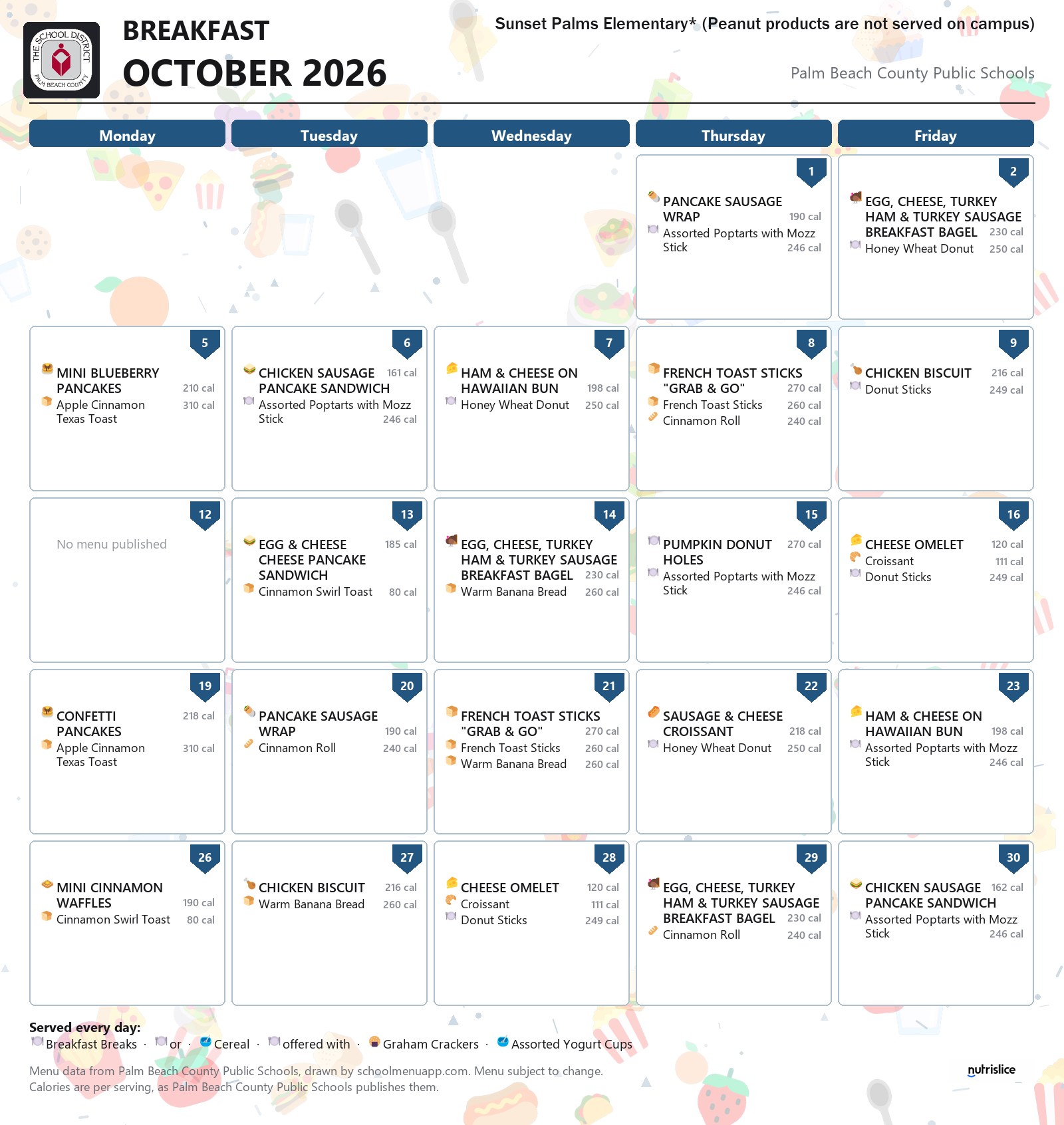 Sunset Palms Elementary* (Peanut products are not served on campus) breakfast menu for October 2026, Palm Beach County Public Schools