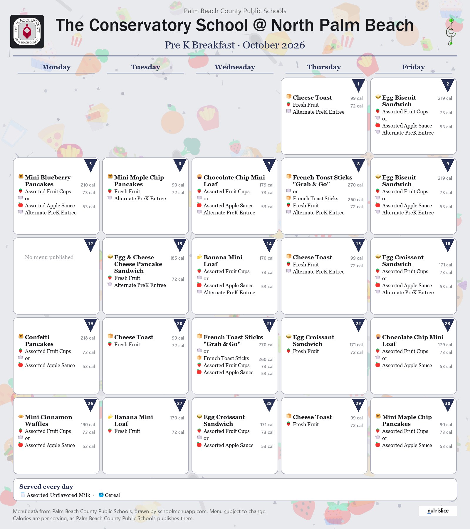 The Conservatory School @ North Palm Beach pre k breakfast menu for October 2026, Palm Beach County Public Schools