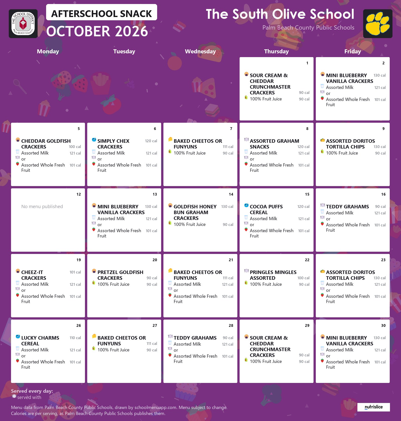 The South Olive School afterschool snack menu for October 2026, Palm Beach County Public Schools