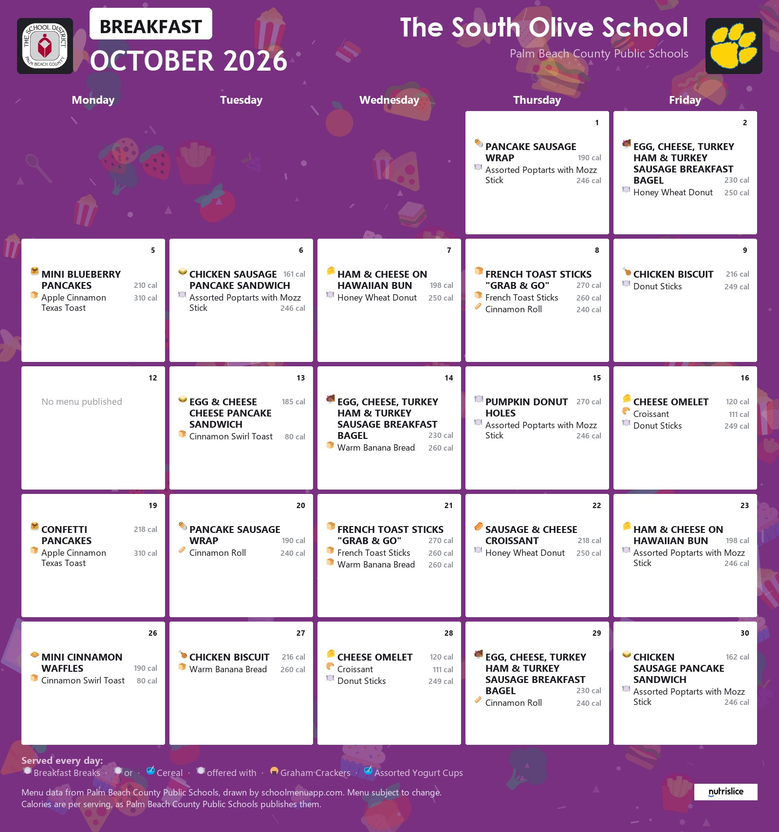 The South Olive School breakfast menu for October 2026, Palm Beach County Public Schools