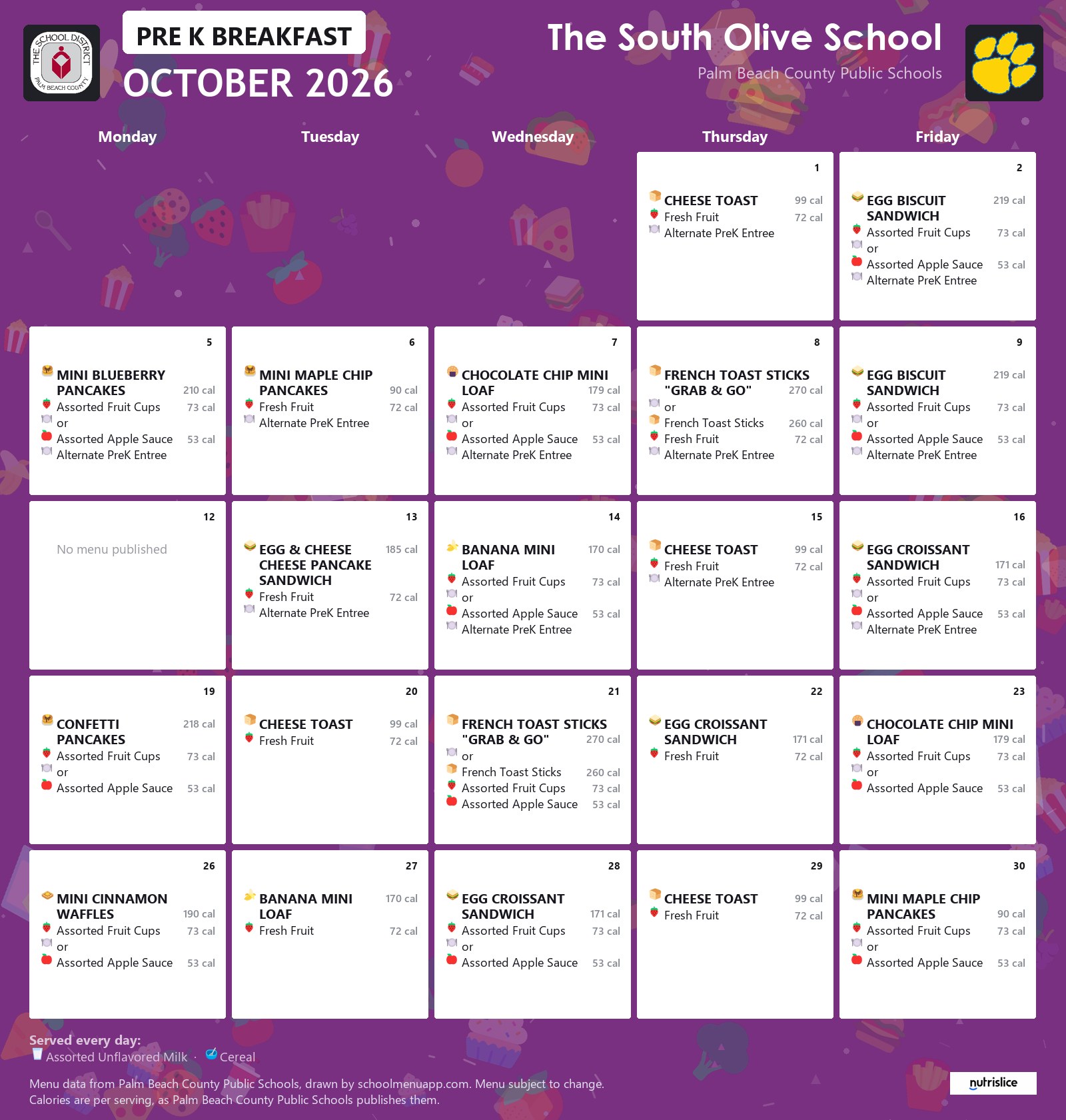 The South Olive School pre k breakfast menu for October 2026, Palm Beach County Public Schools
