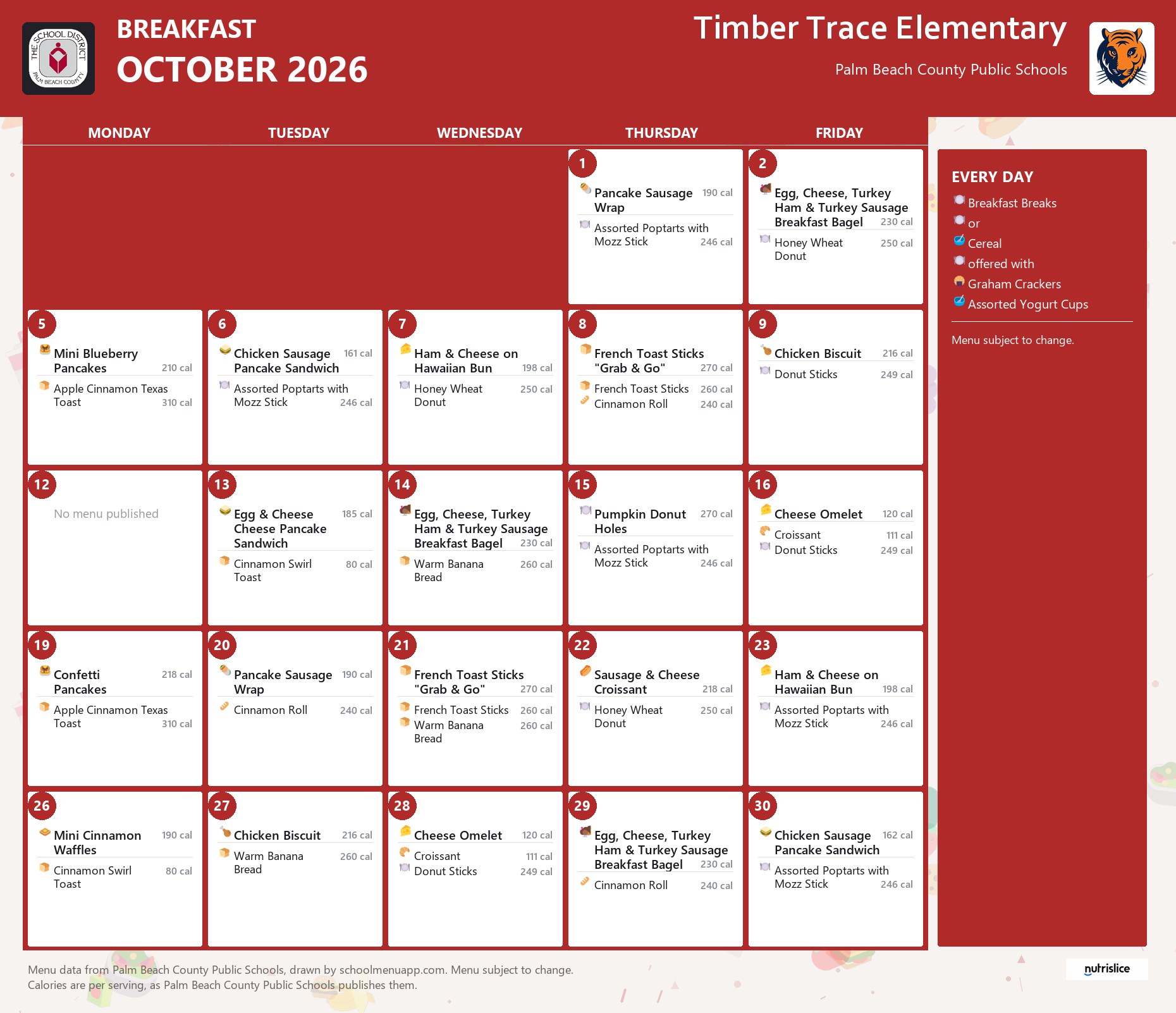 Timber Trace Elementary breakfast menu for October 2026, Palm Beach County Public Schools