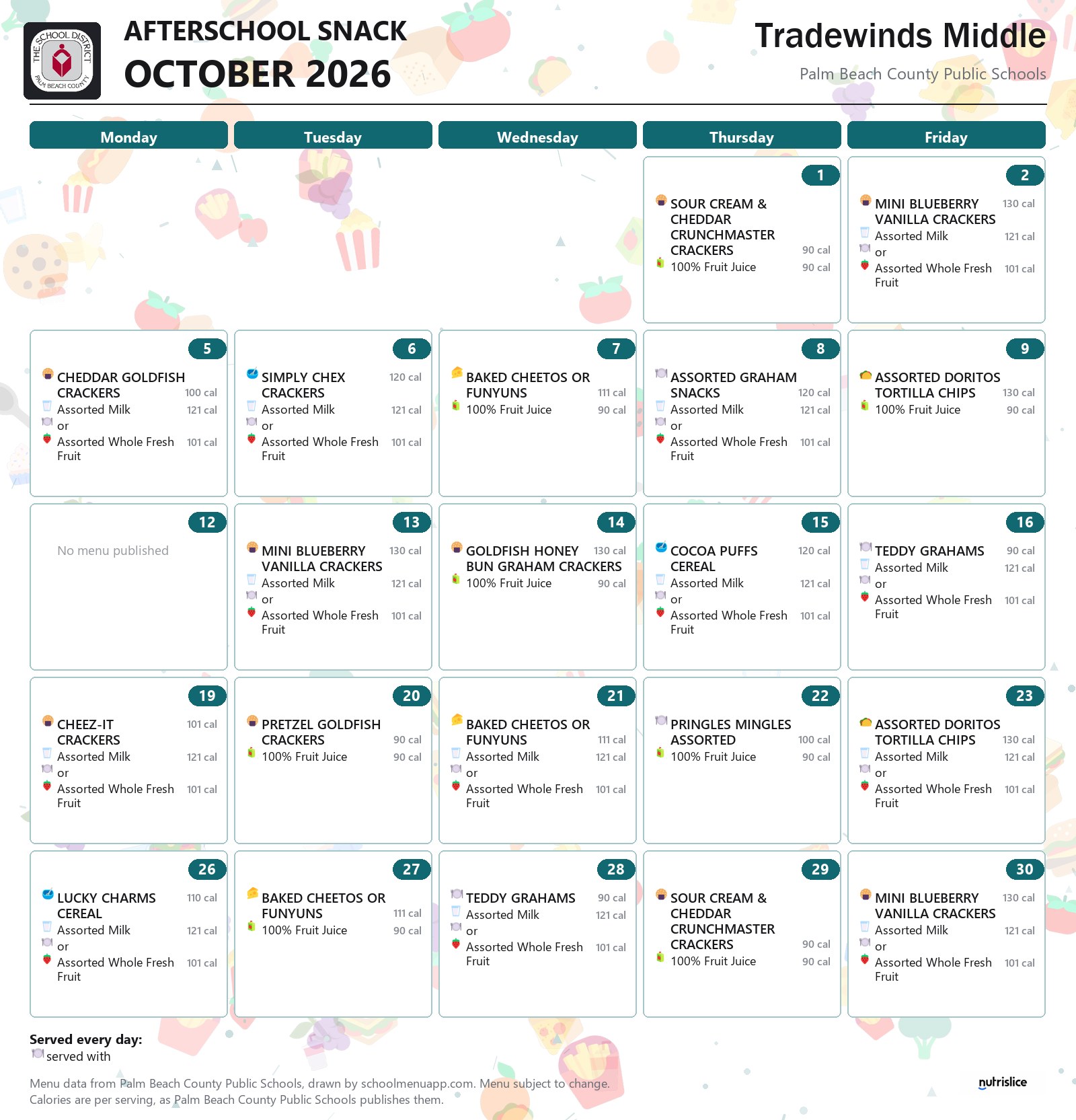 Tradewinds Middle afterschool snack menu for October 2026, Palm Beach County Public Schools