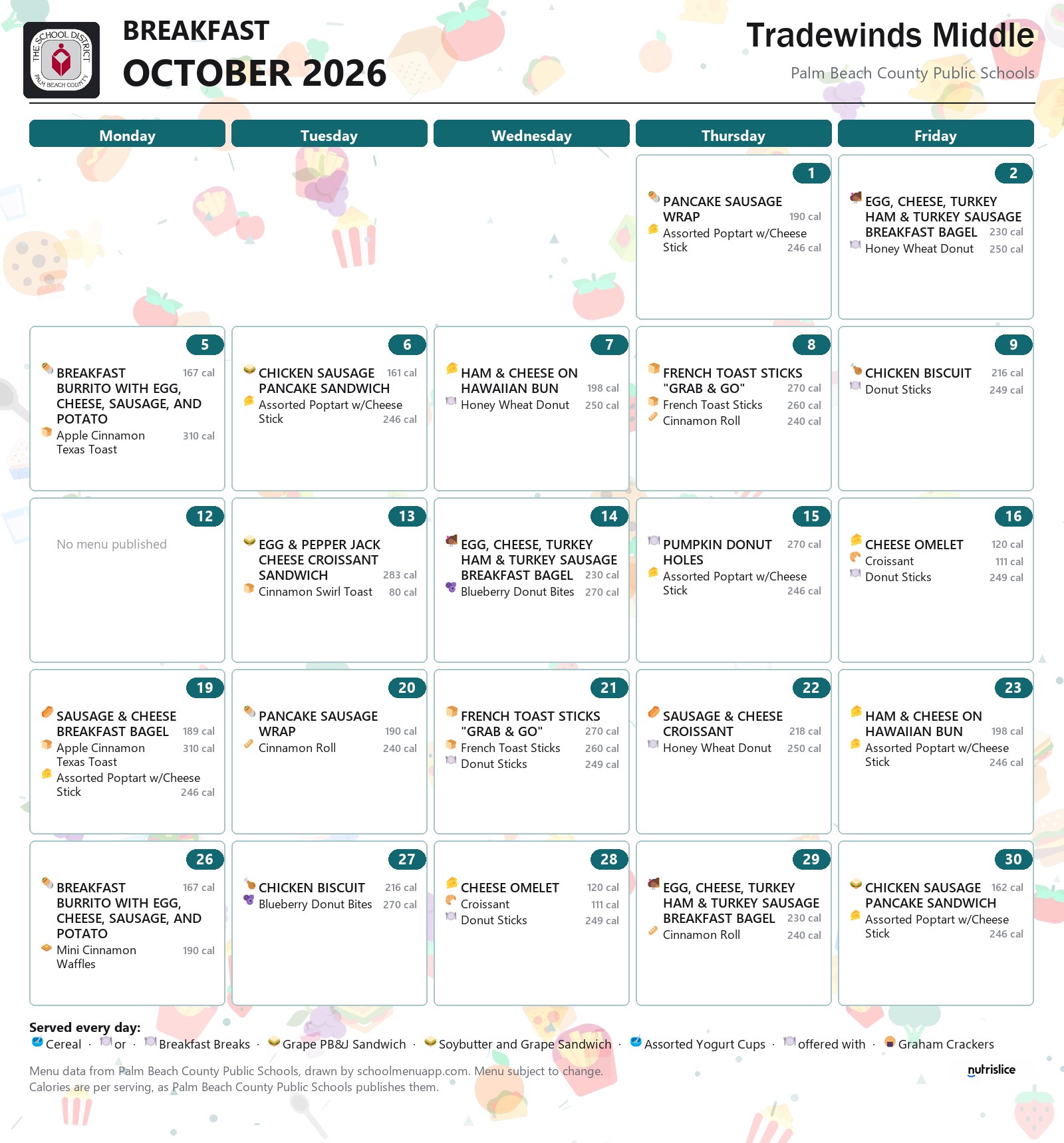 Tradewinds Middle breakfast menu for October 2026, Palm Beach County Public Schools