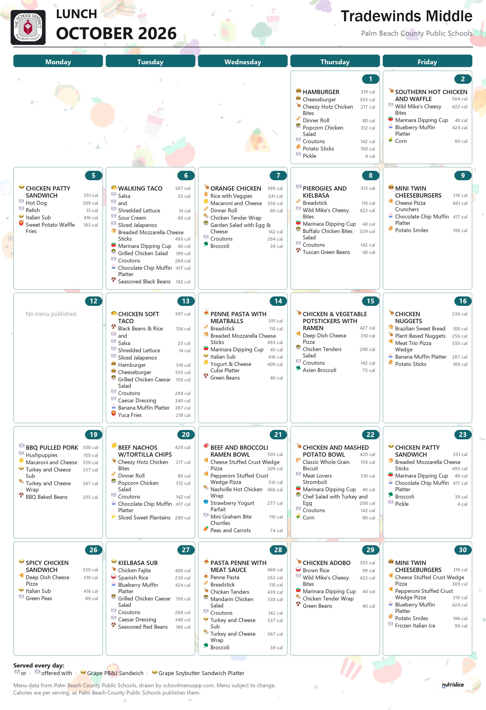 Tradewinds Middle lunch menu for October 2026, Palm Beach County Public Schools
