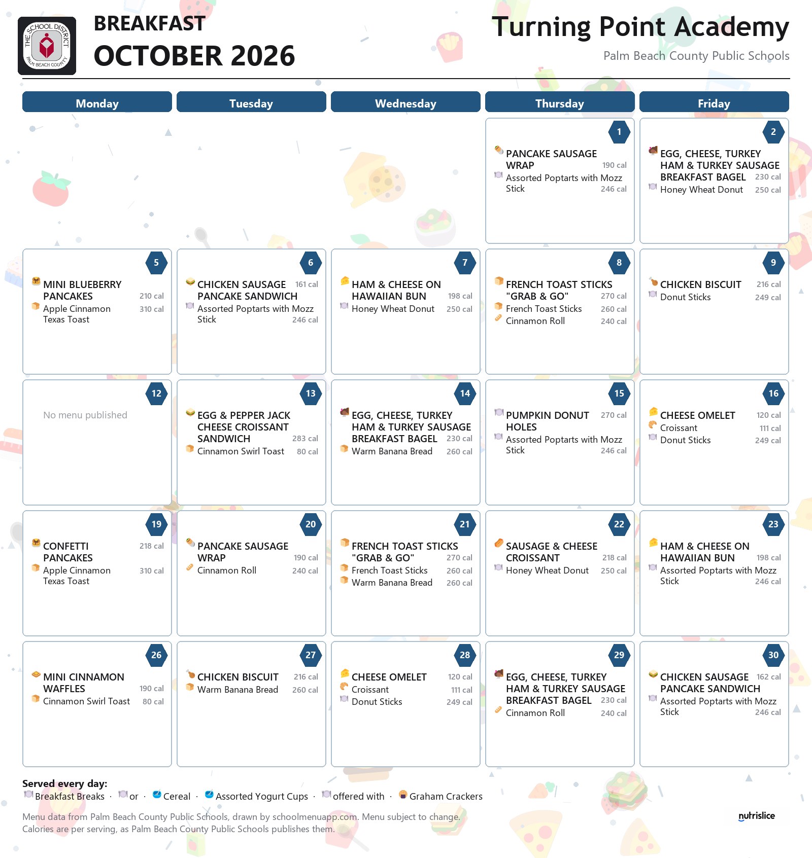 Turning Point Academy breakfast menu for October 2026, Palm Beach County Public Schools