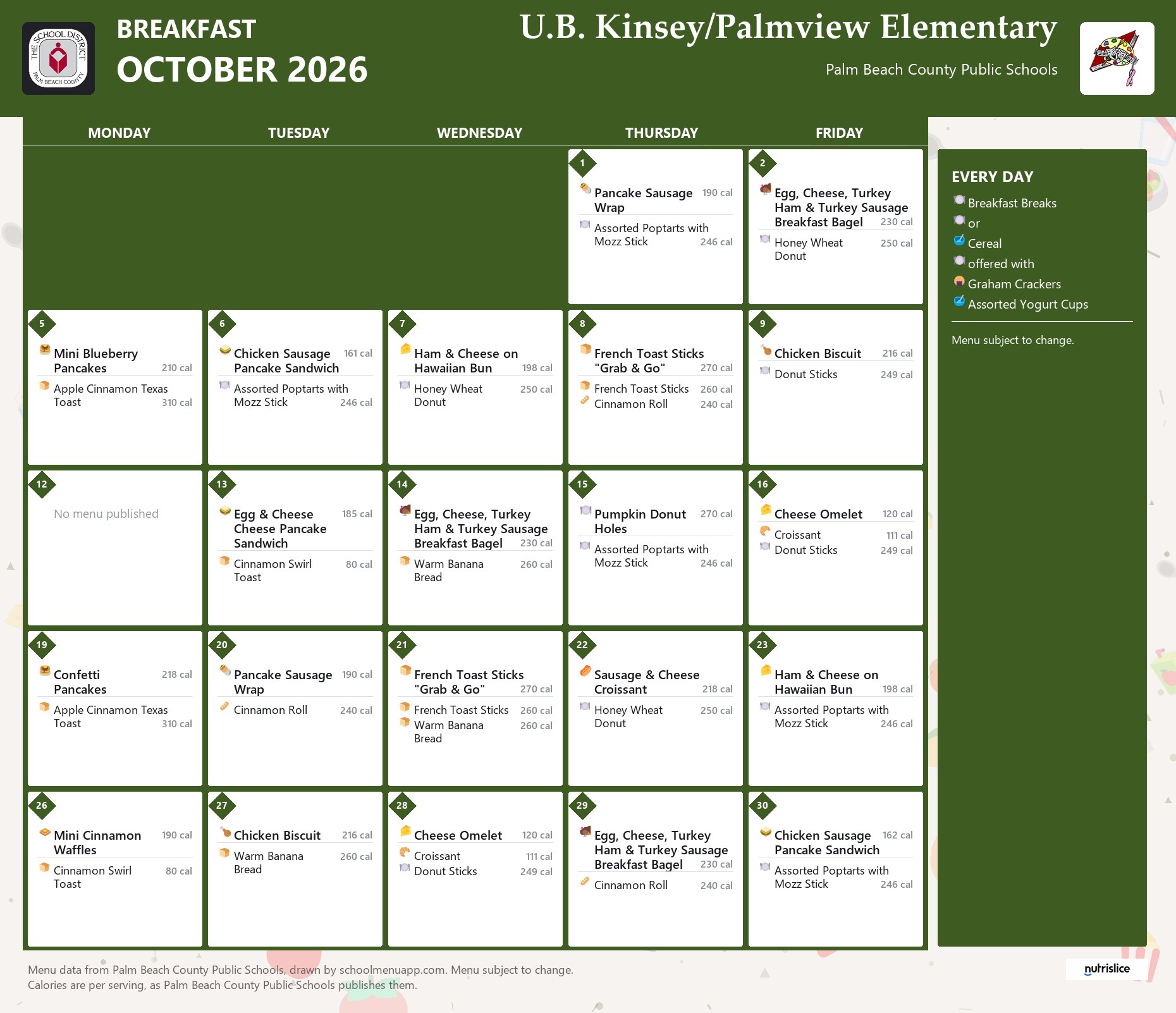 U.B. Kinsey/Palmview Elementary breakfast menu for October 2026, Palm Beach County Public Schools