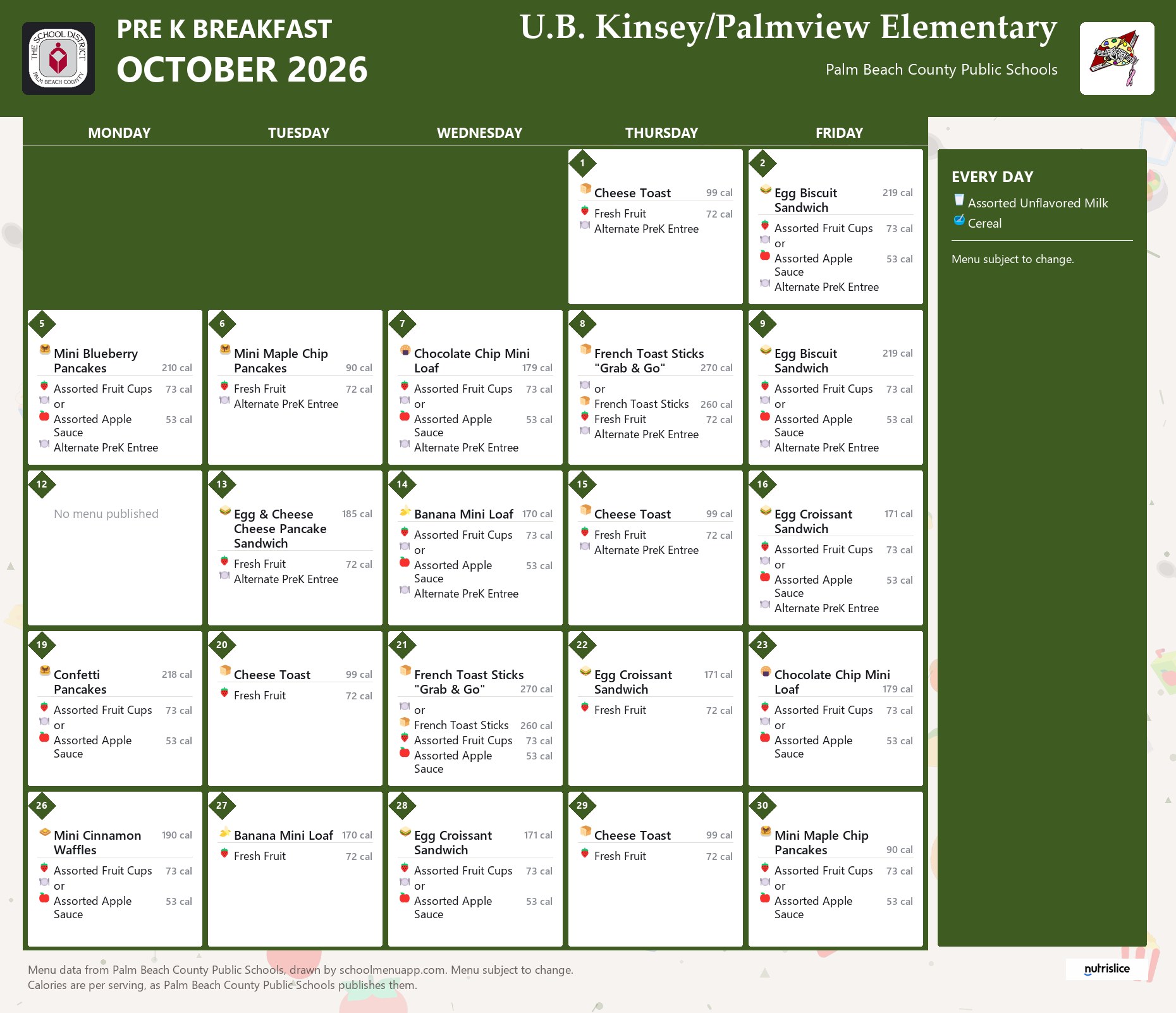 U.B. Kinsey/Palmview Elementary pre k breakfast menu for October 2026, Palm Beach County Public Schools