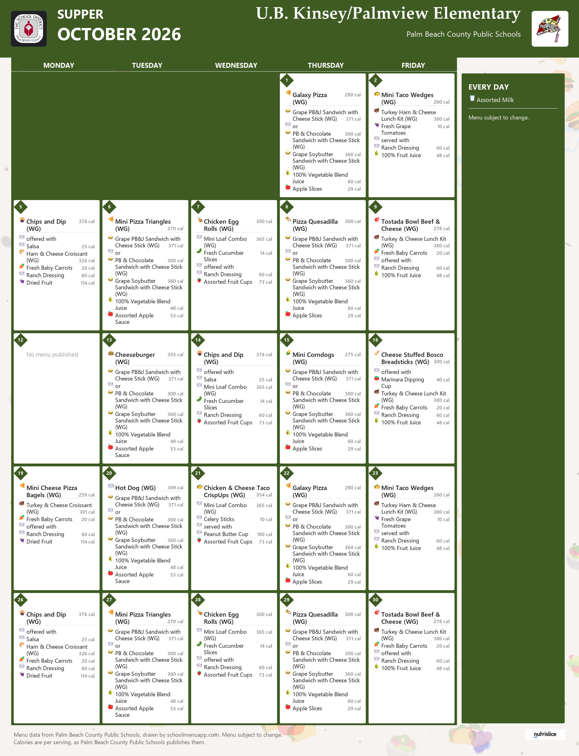 U.B. Kinsey/Palmview Elementary supper menu for October 2026, Palm Beach County Public Schools