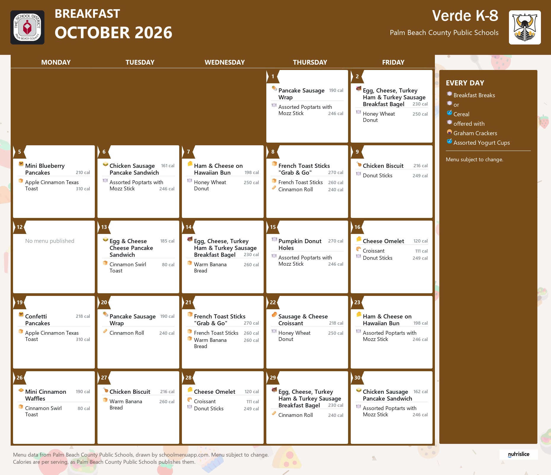Verde K-8 breakfast menu for October 2026, Palm Beach County Public Schools