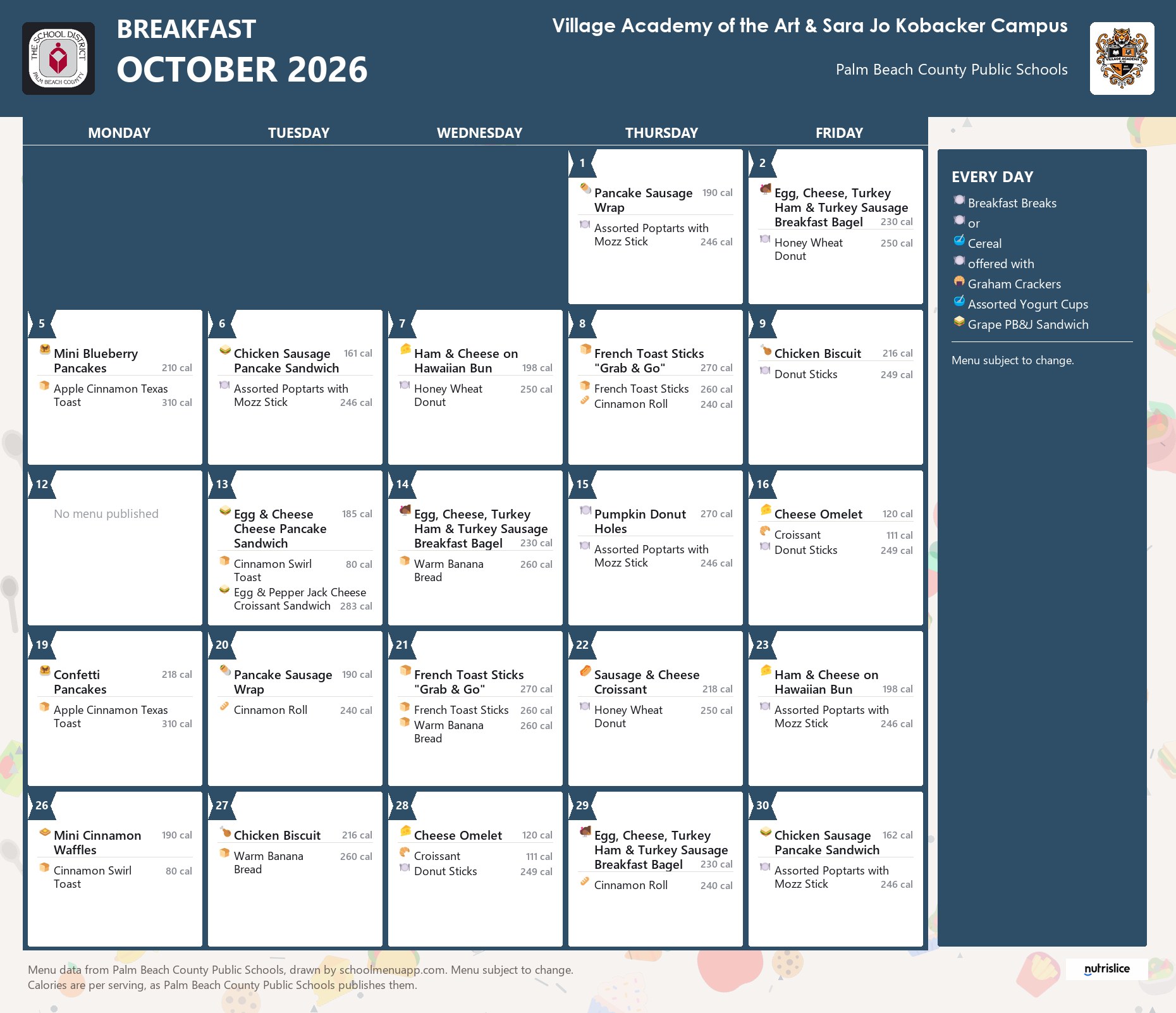 Village Academy of the Art & Sara Jo Kobacker Campus breakfast menu for October 2026, Palm Beach County Public Schools