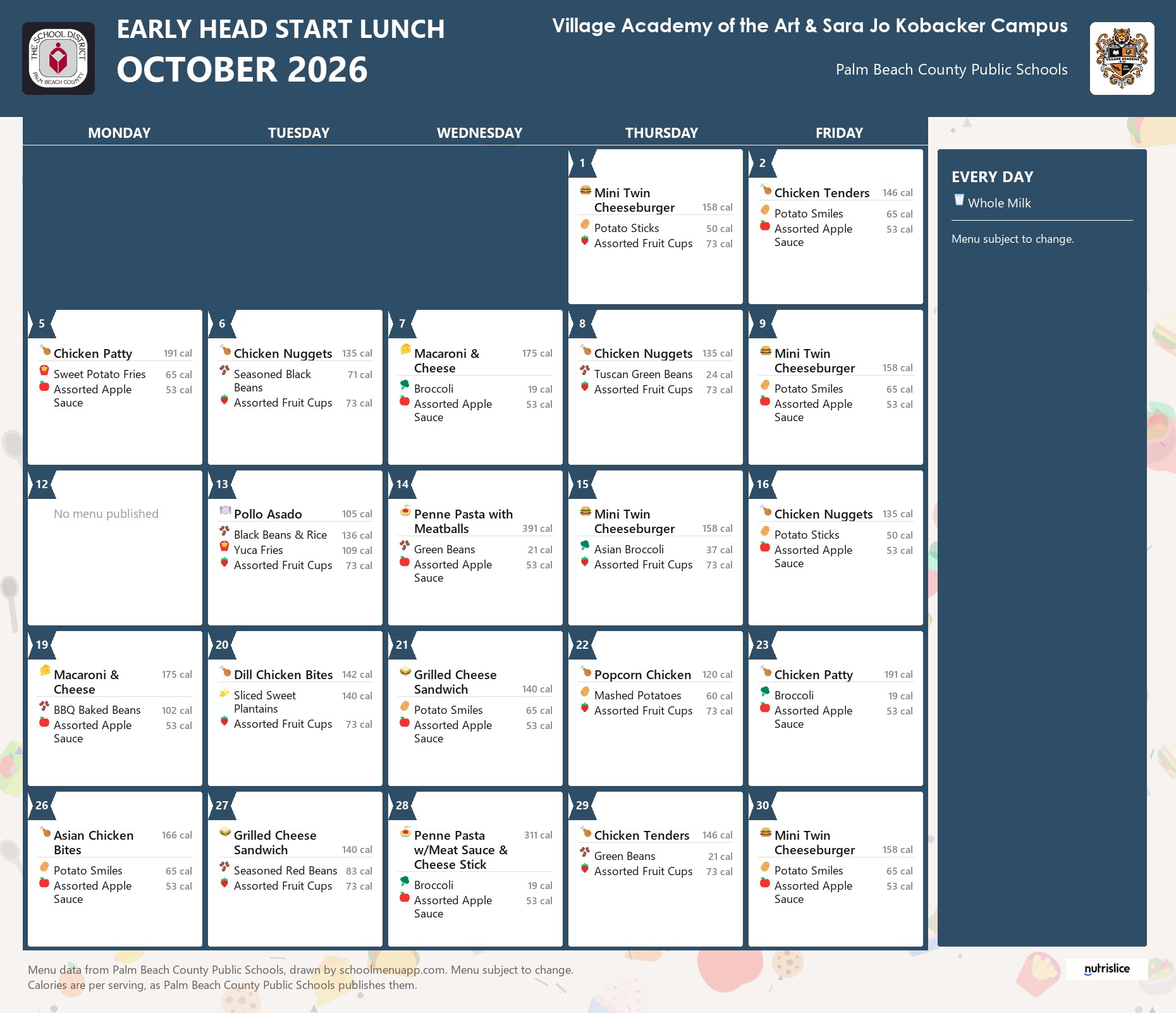 Village Academy of the Art & Sara Jo Kobacker Campus early head start lunch menu for October 2026, Palm Beach County Public Schools