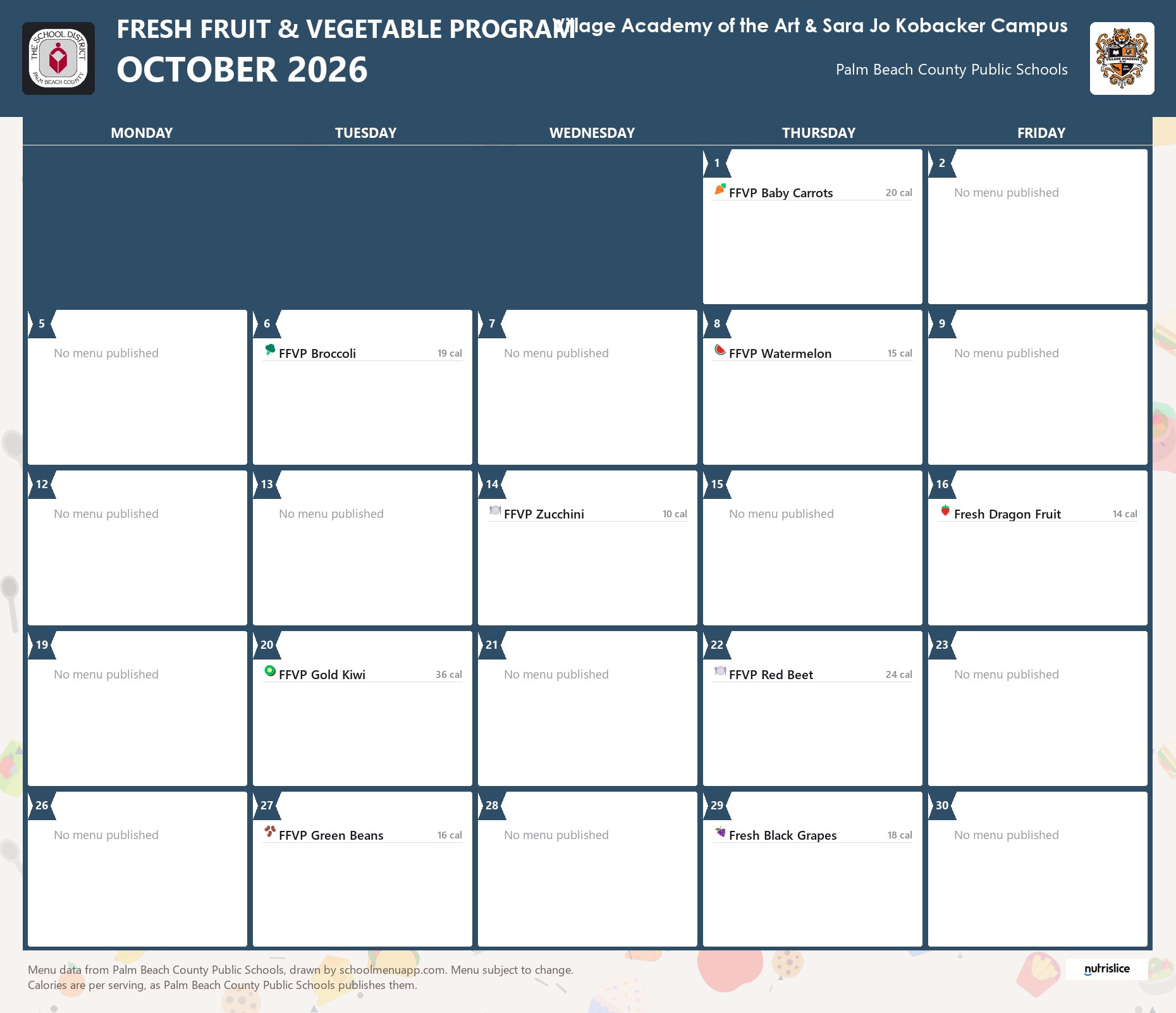Village Academy of the Art & Sara Jo Kobacker Campus fresh fruit & vegetable program menu for October 2026, Palm Beach County Public Schools