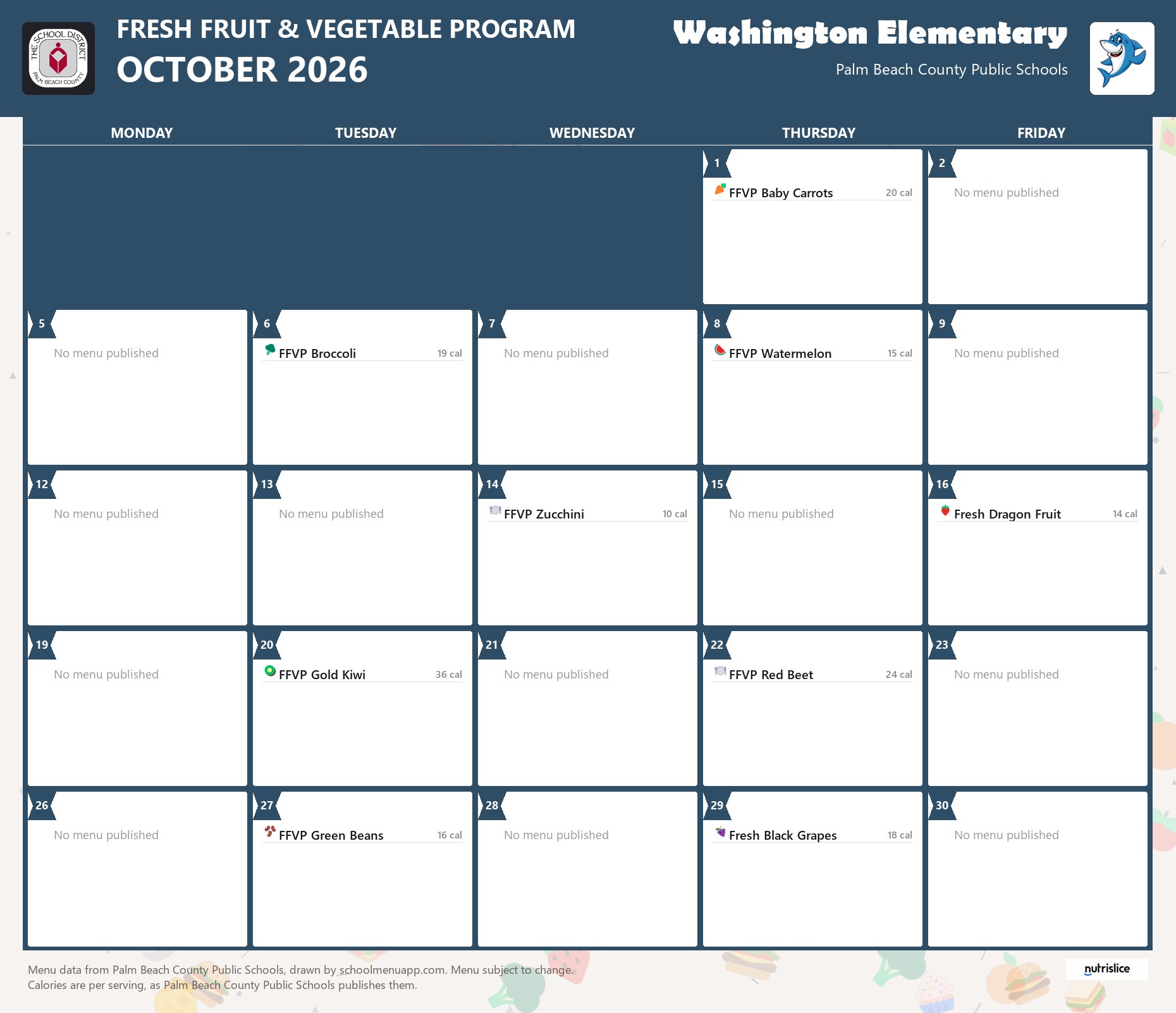 Washington Elementary fresh fruit & vegetable program menu for October 2026, Palm Beach County Public Schools