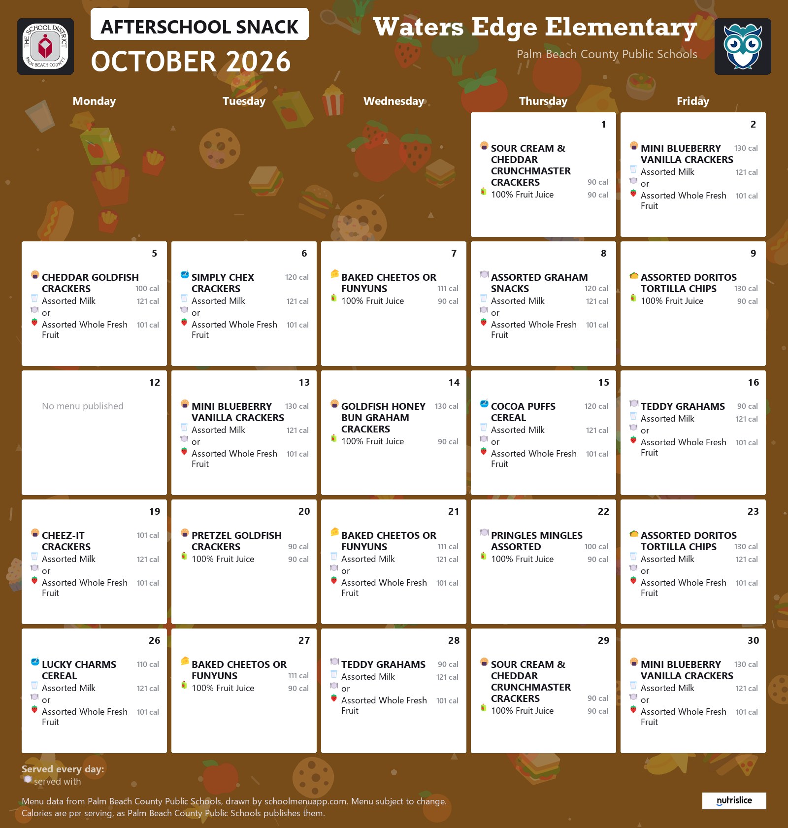 Waters Edge Elementary afterschool snack menu for October 2026, Palm Beach County Public Schools