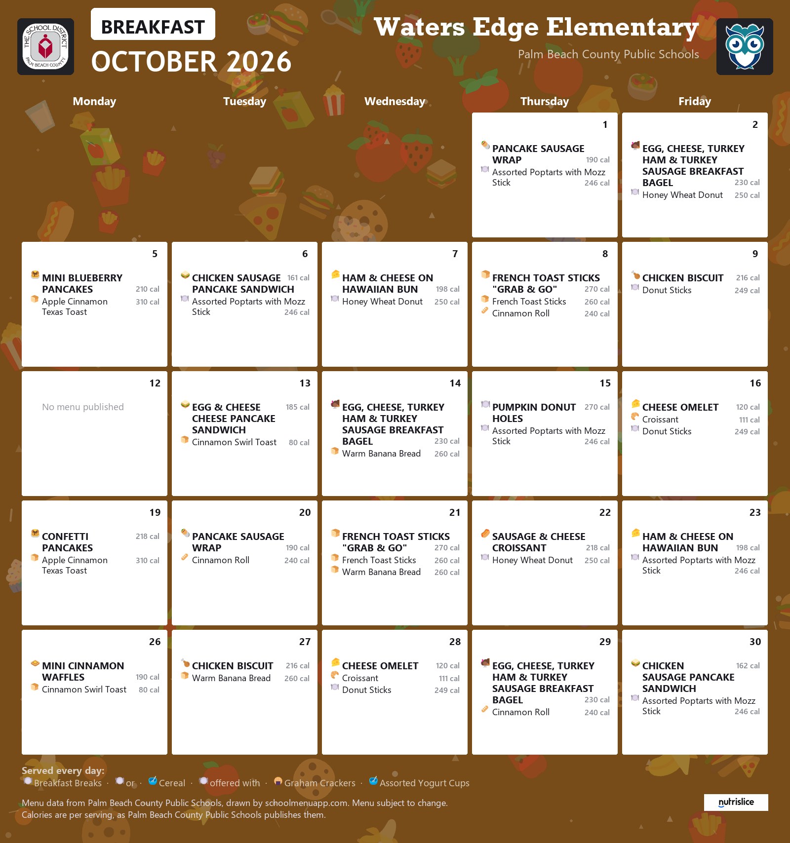 Waters Edge Elementary breakfast menu for October 2026, Palm Beach County Public Schools
