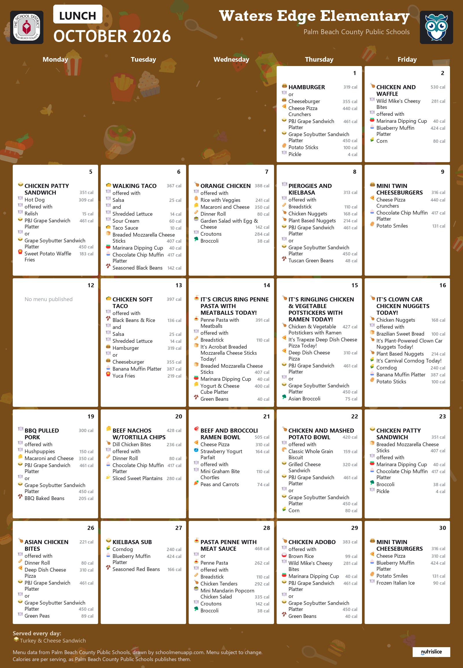 Waters Edge Elementary lunch menu for October 2026, Palm Beach County Public Schools