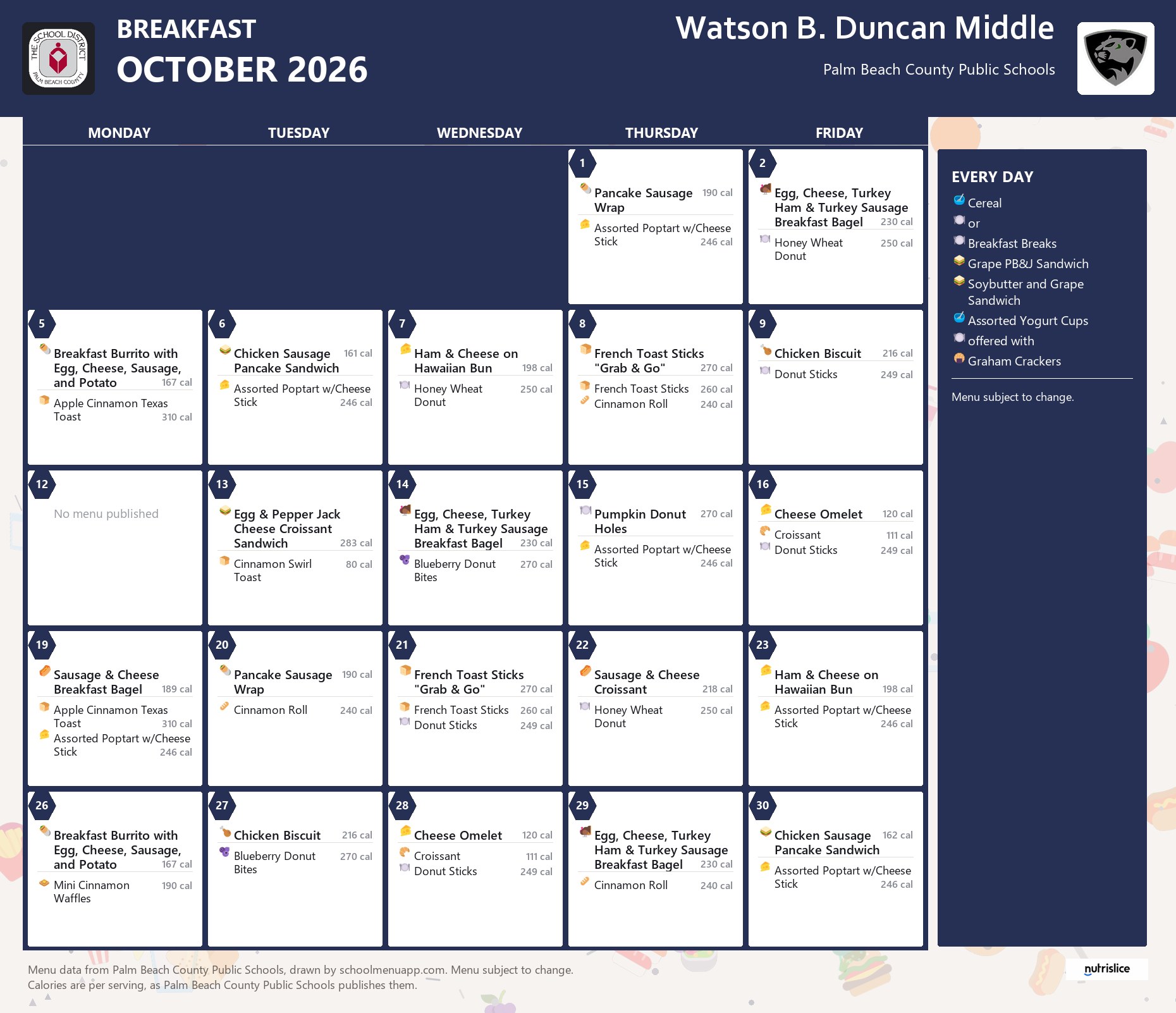 Watson B. Duncan Middle breakfast menu for October 2026, Palm Beach County Public Schools