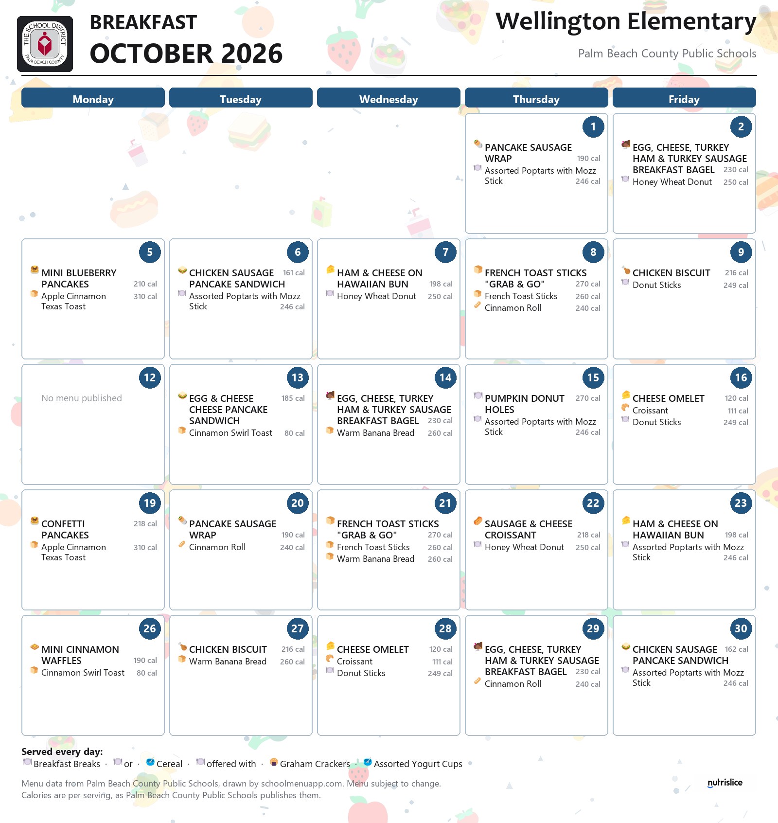 Wellington Elementary breakfast menu for October 2026, Palm Beach County Public Schools