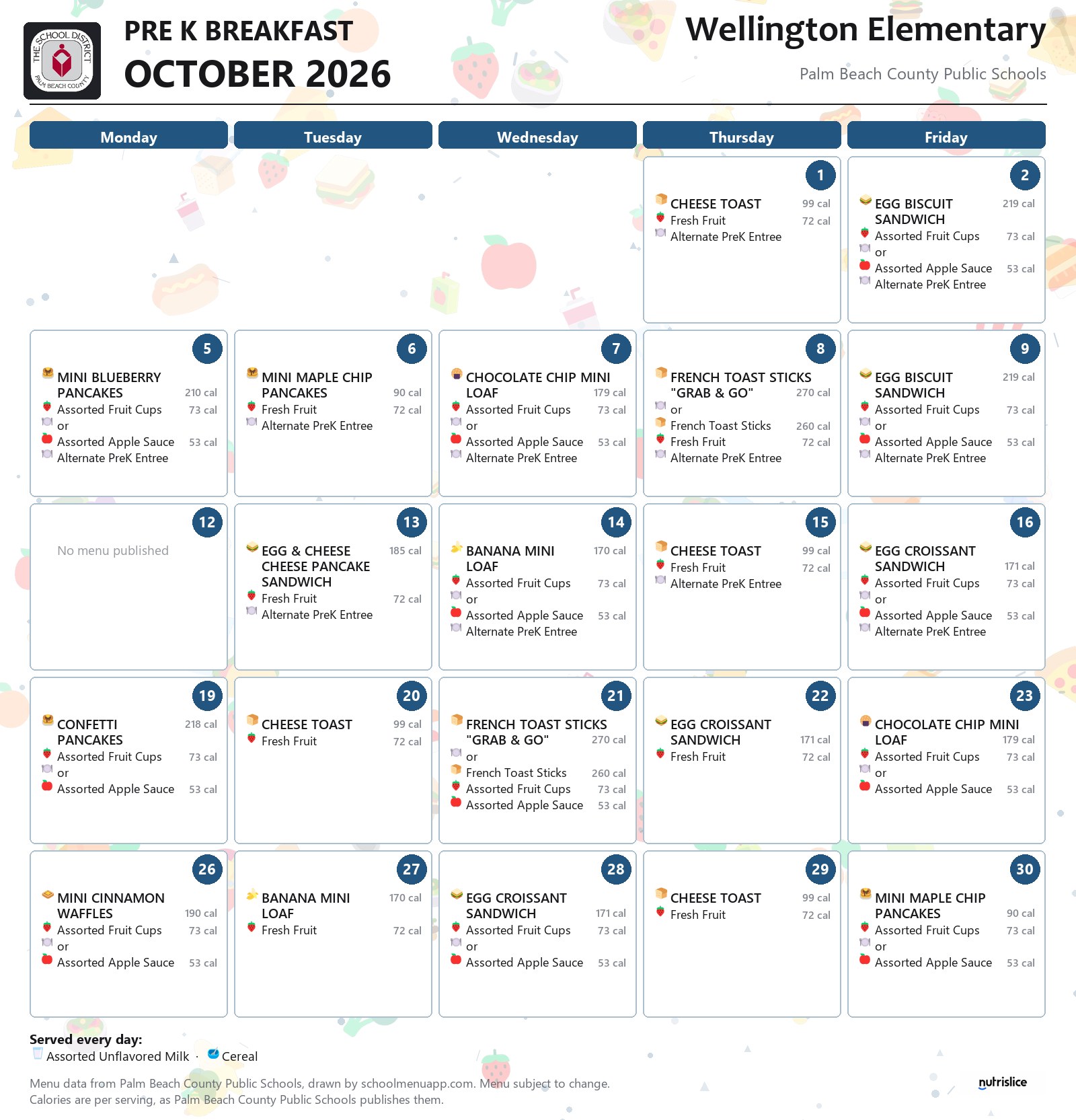 Wellington Elementary pre k breakfast menu for October 2026, Palm Beach County Public Schools