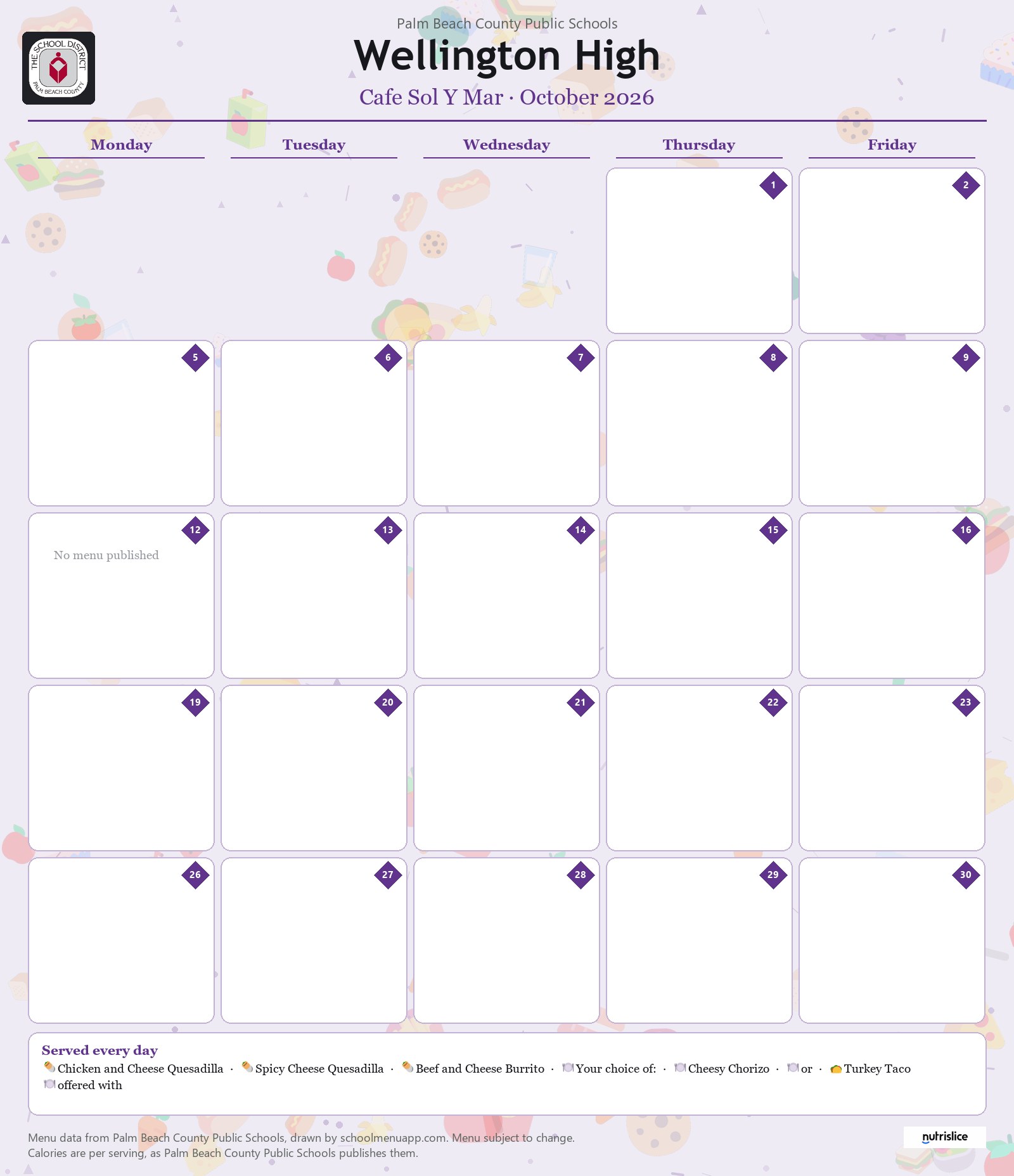 Wellington High cafe sol y mar menu for October 2026, Palm Beach County Public Schools
