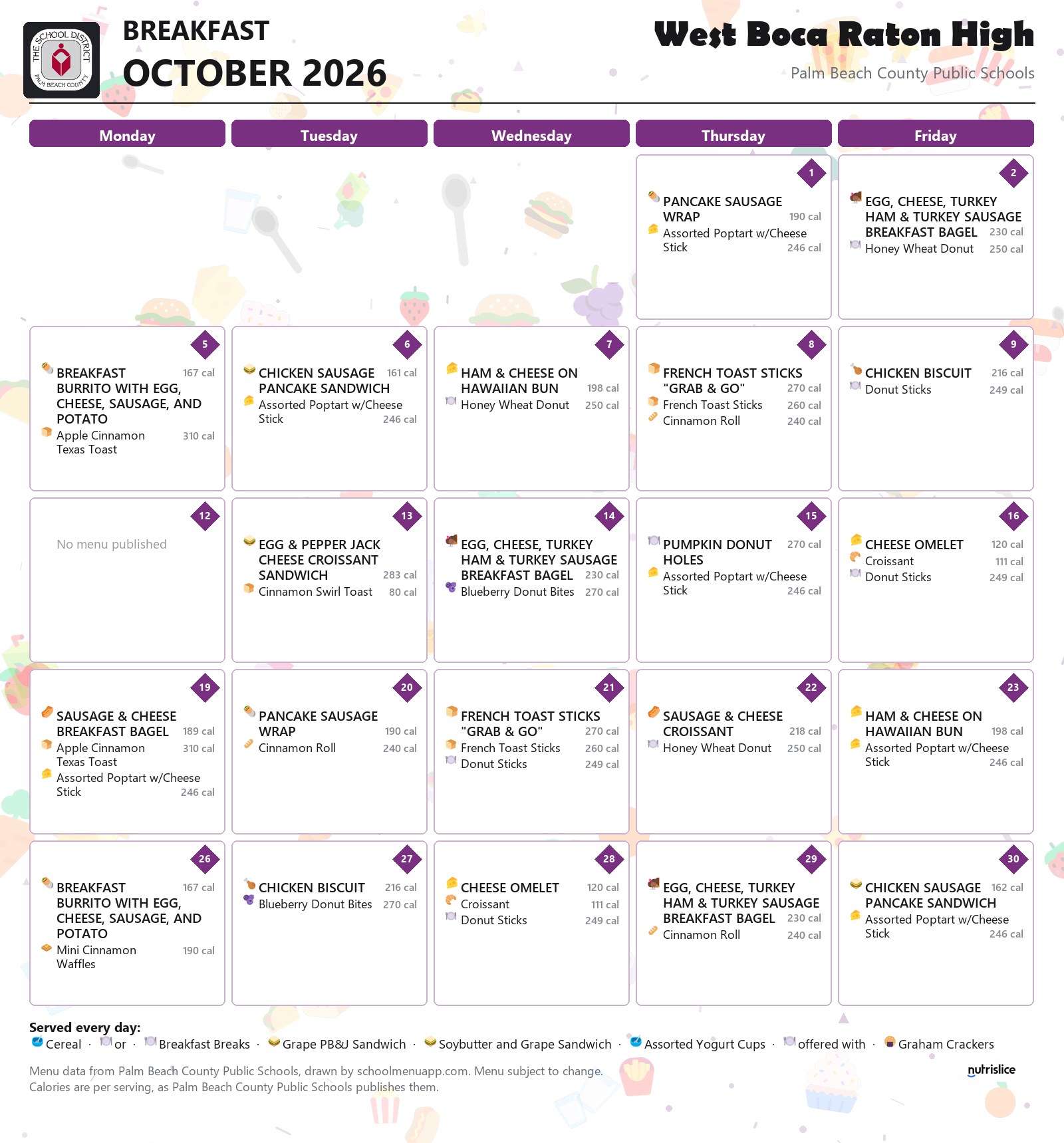 West Boca Raton High breakfast menu for October 2026, Palm Beach County Public Schools