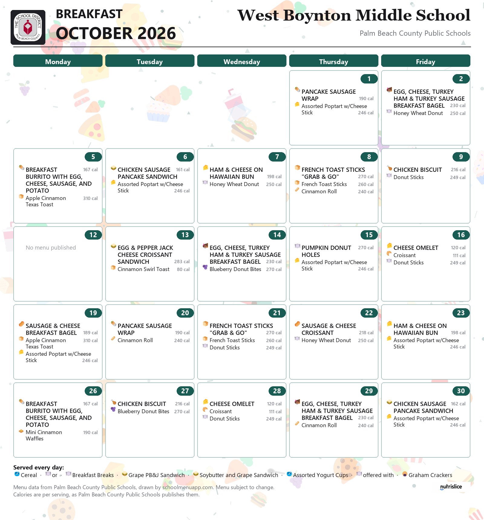 West Boynton Middle School breakfast menu for October 2026, Palm Beach County Public Schools